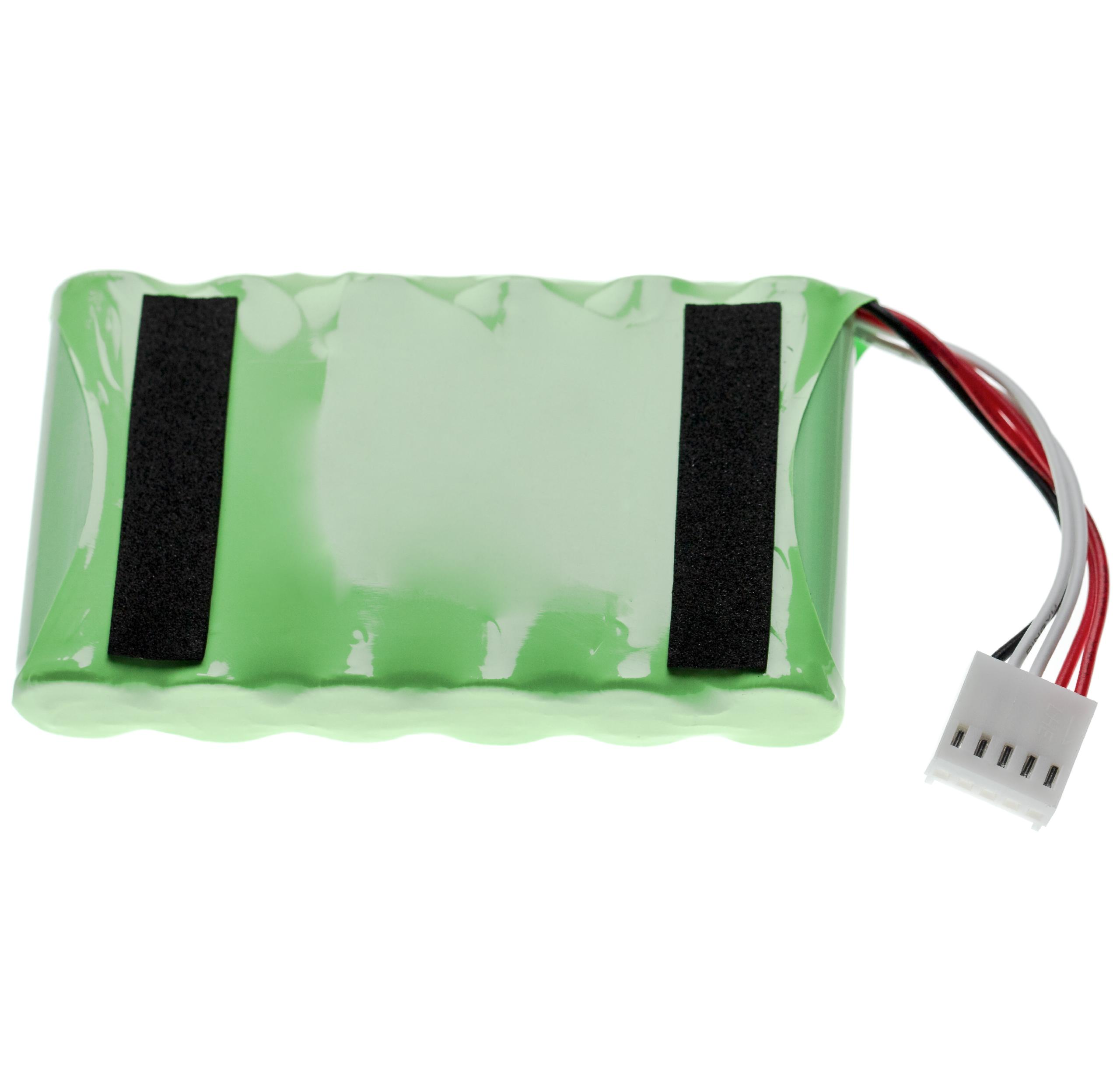 Eine grüne Batterie mit schwarzen Klettstreifen und einem Stecker. Weißer Hintergrund.