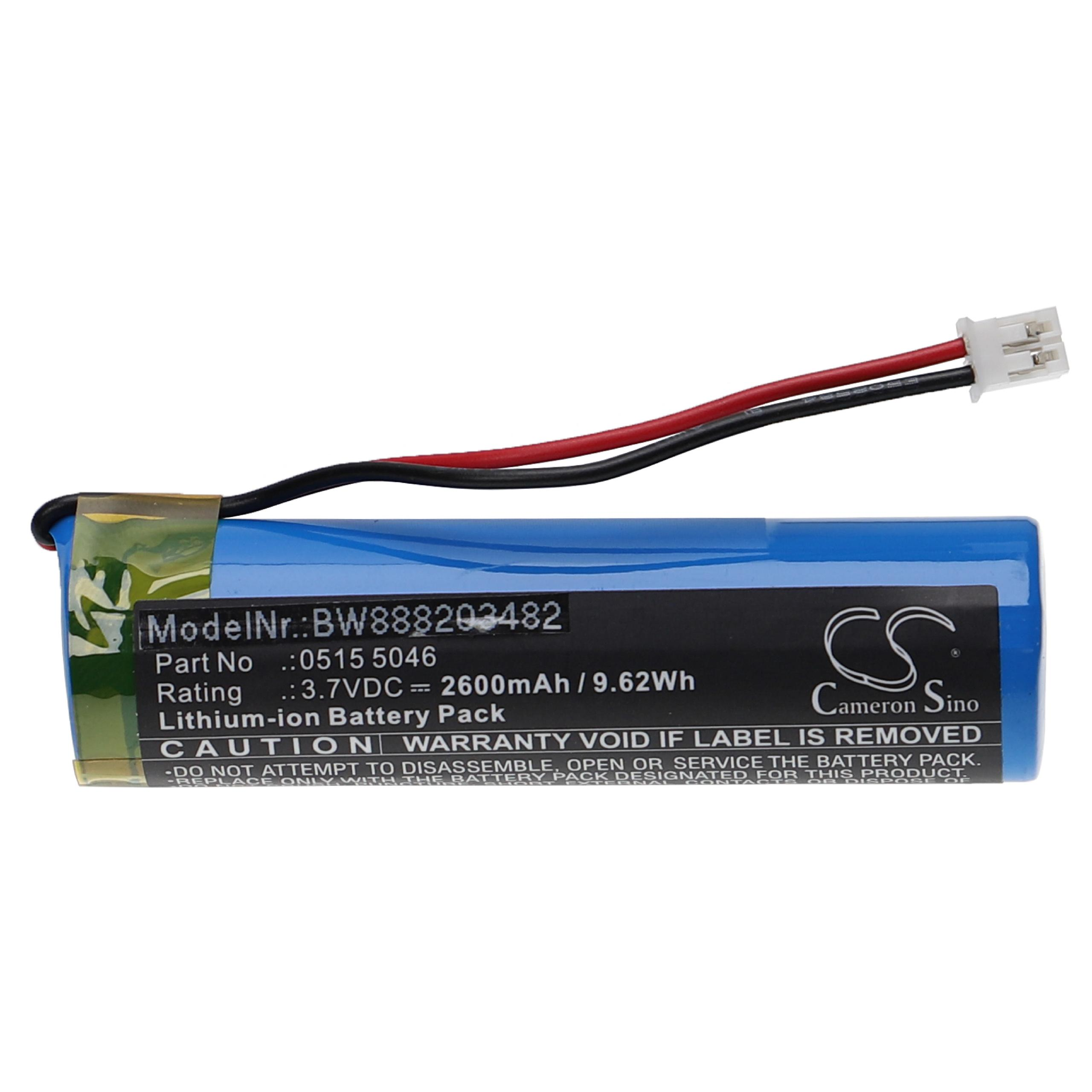 Zylindrische blaue und schwarze Batterie mit Cameron Sino Etikett und Drähten.