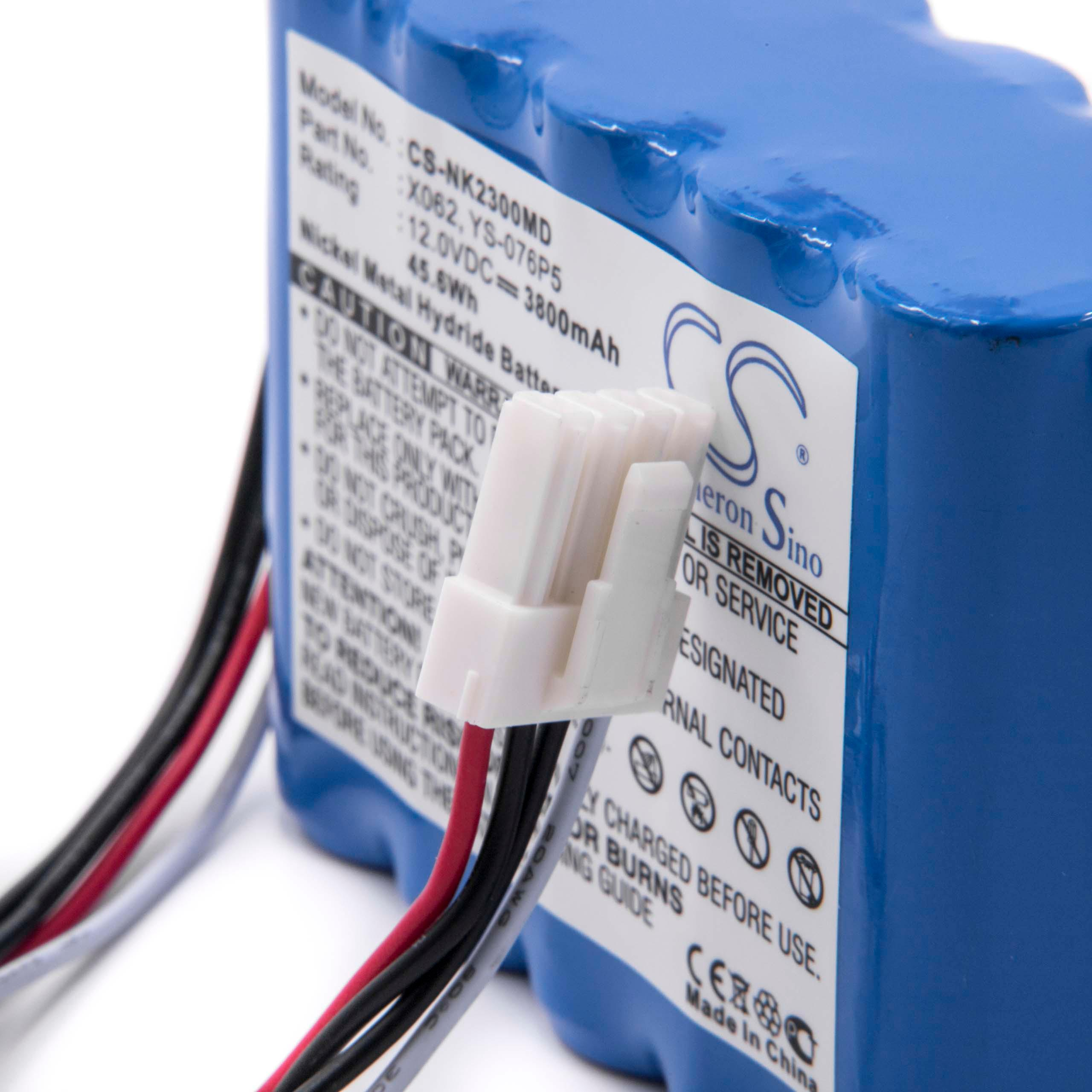 Blauer Akku-Pack mit weißem Stecker und Drähten. Text und Warnhinweise sind auf der Oberfläche sichtbar.