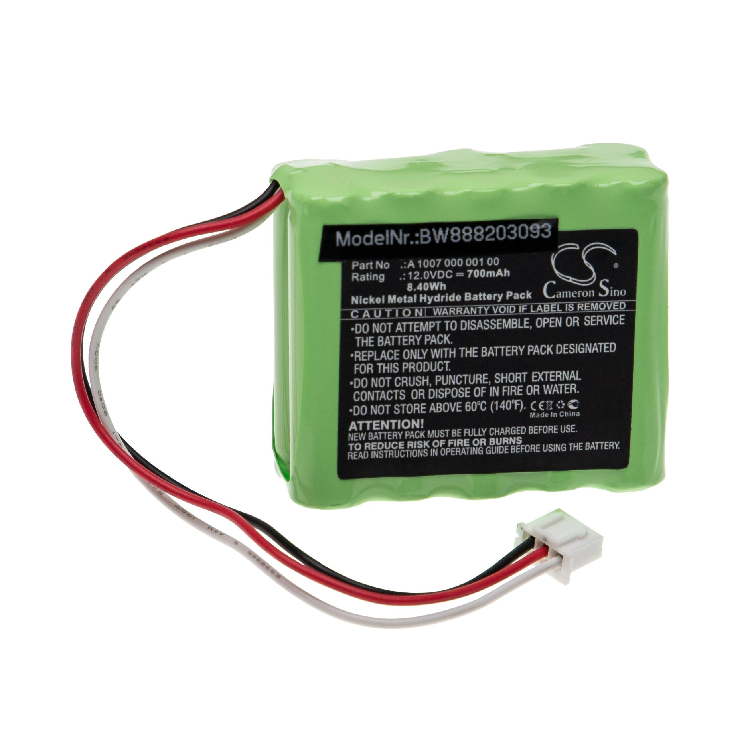 Grüne rechteckige Batterie mit schwarzen, roten und weißen Drähten und Stecker.