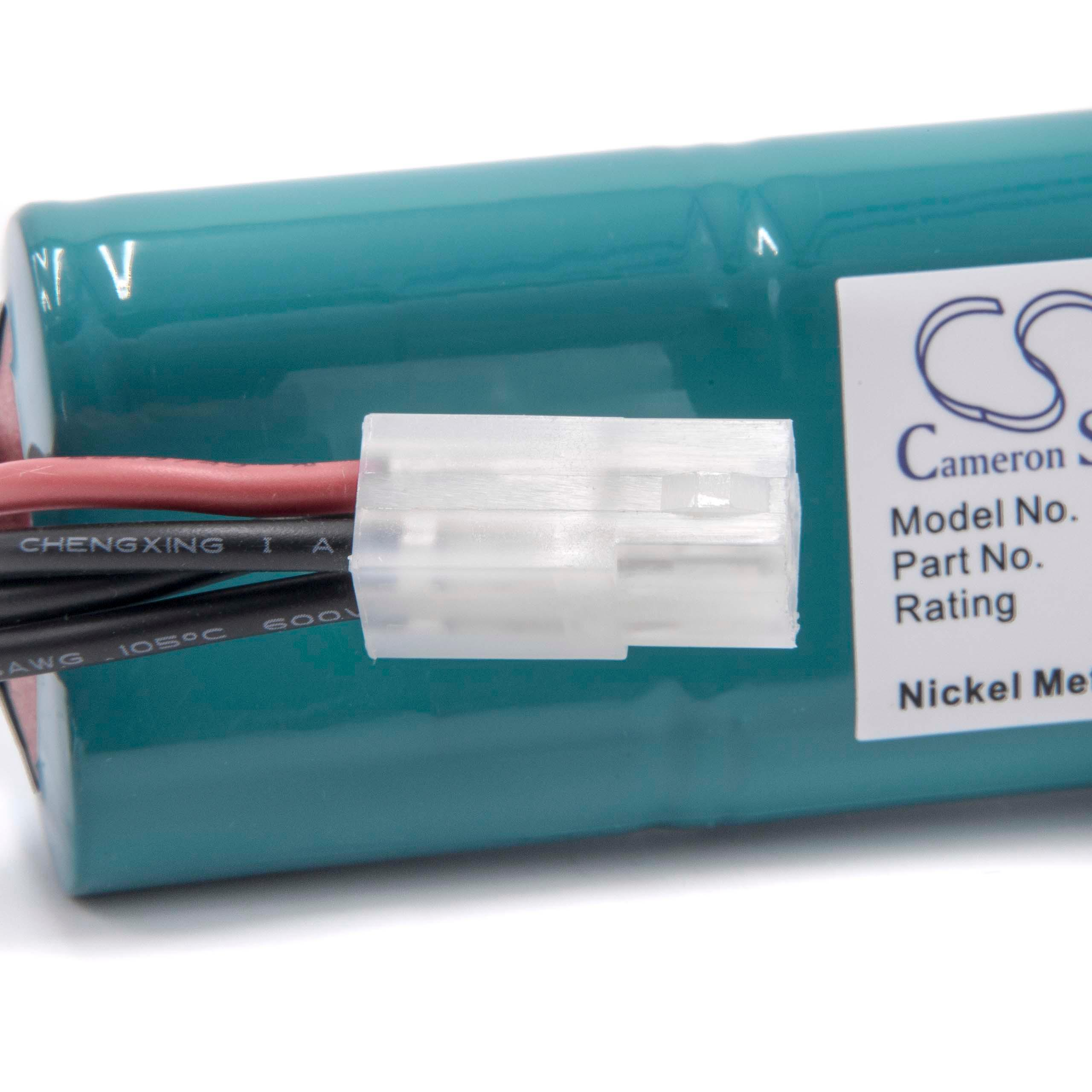 Eine türkisfarbene Batterie mit schwarzen und roten Drähten und einem weißen Stecker.