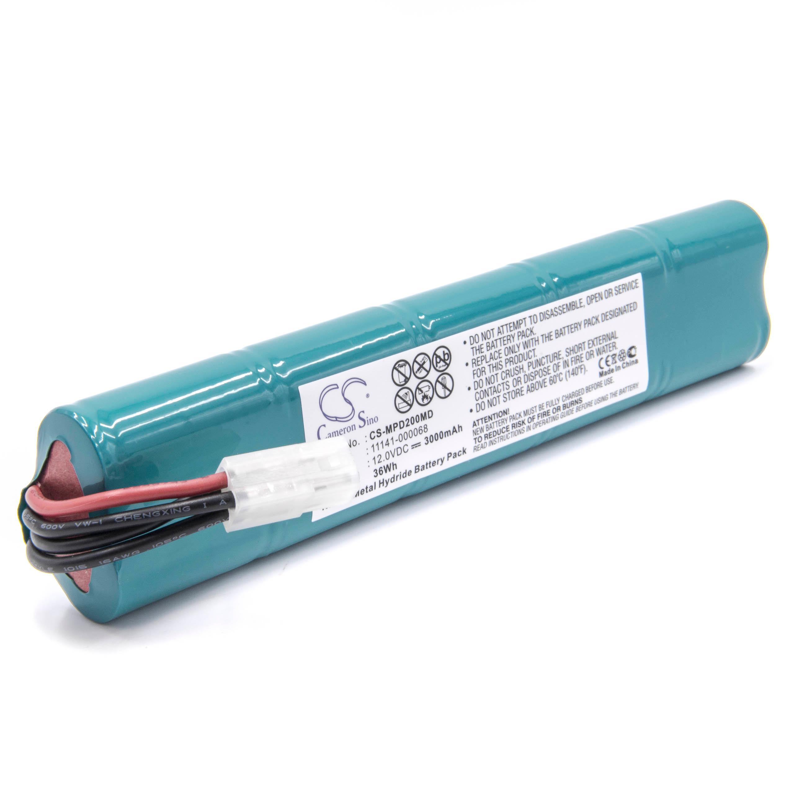 Eine türkisfarbene Batterie mit Etikett und Stecker auf weißem Grund.