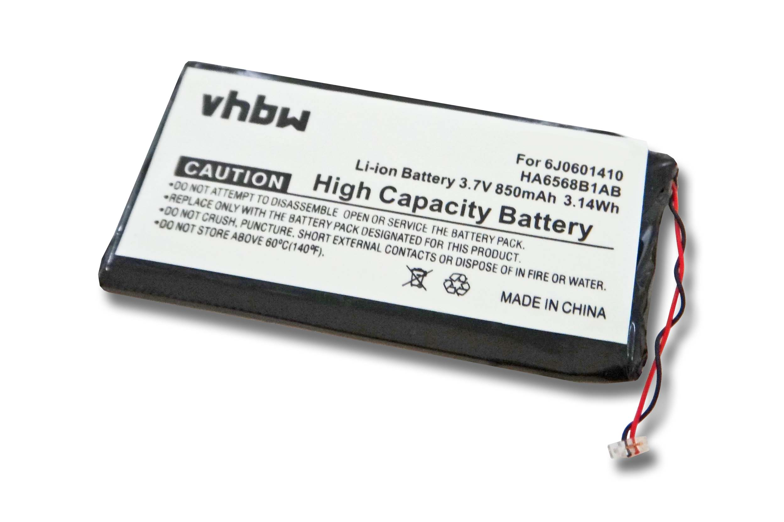 Ein weißer und schwarzer Akku mit roten und blauen Drähten, beschriftet mit 'High Capacity Battery'.