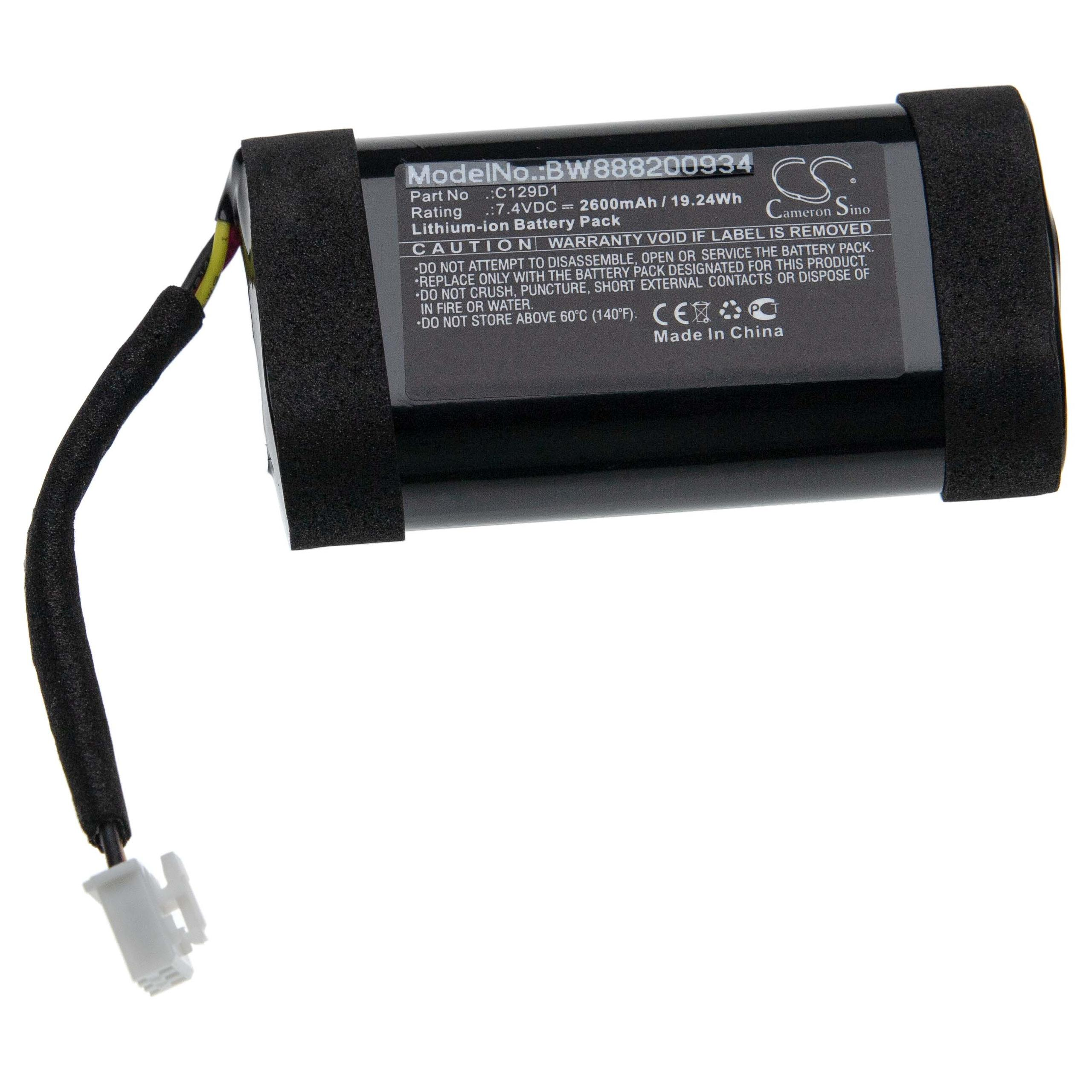 Ein Akkupack mit Textetiketten und Warnhinweisen. Es hat einen schwarzen Körper und ein Kabel mit einem weißen Stecker.