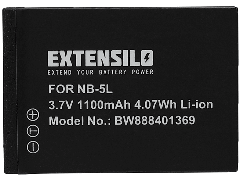 Li-Ion NB-5L Ersatz Akku 1100 EXTENSILO für Volt, Kamera, - Canon 3.7 für