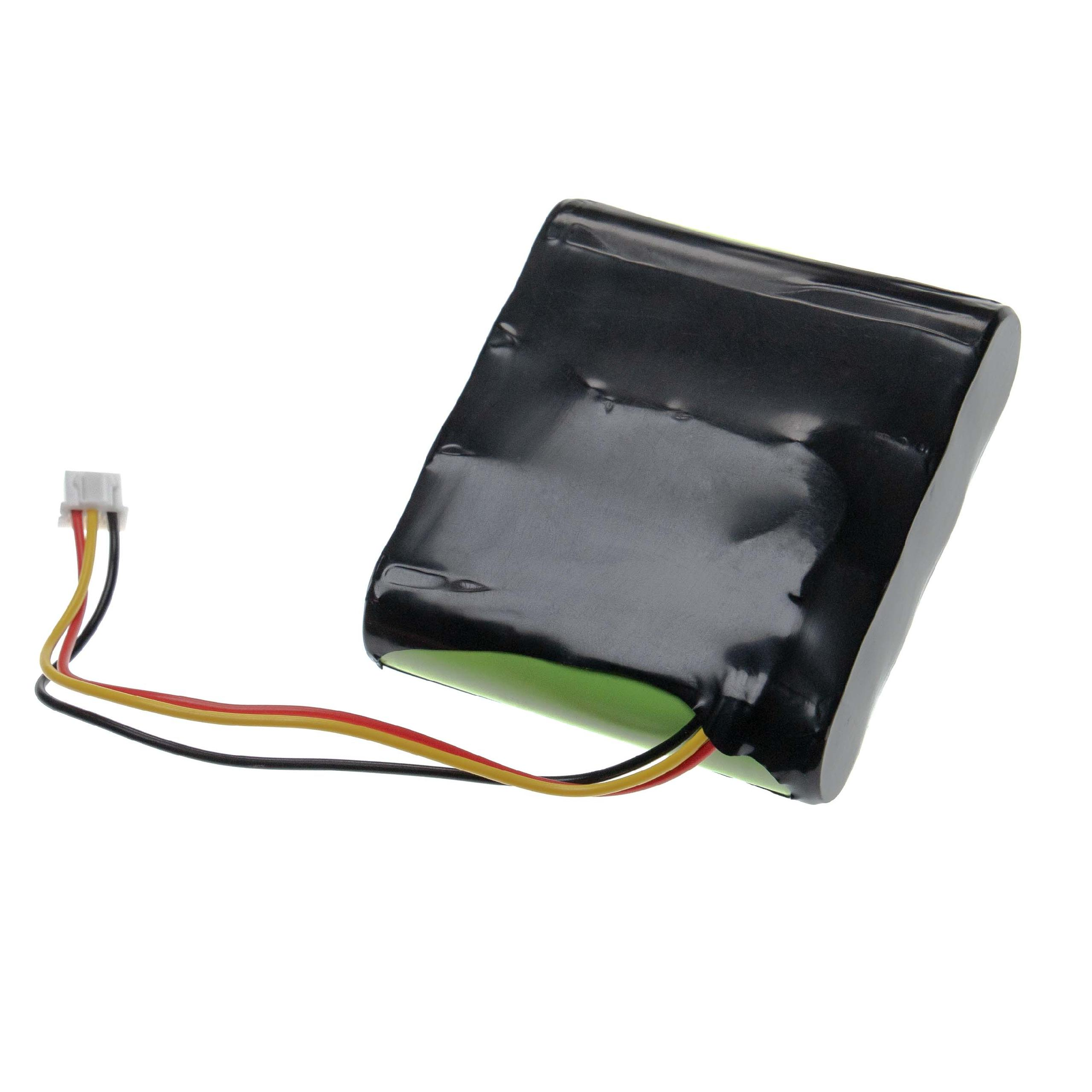 Schwarze Batterie mit drei farbigen Drähten. Die Batterie ist schwarz und grün. Die Drähte sind rot, gelb und schwarz.