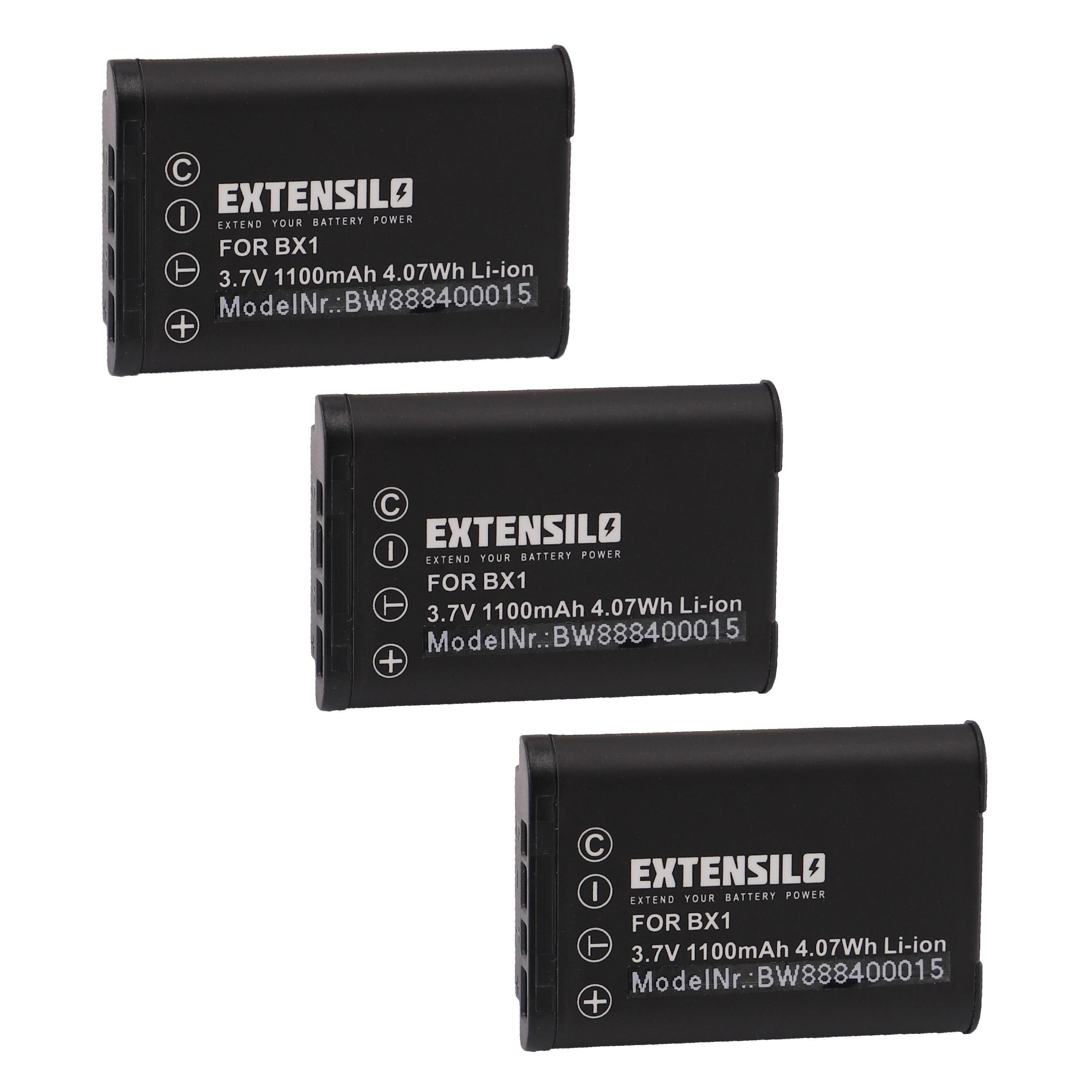 Drei schwarze rechteckige Batterien mit Text beschriftet. Die Batterien sind für das Modell BX1.