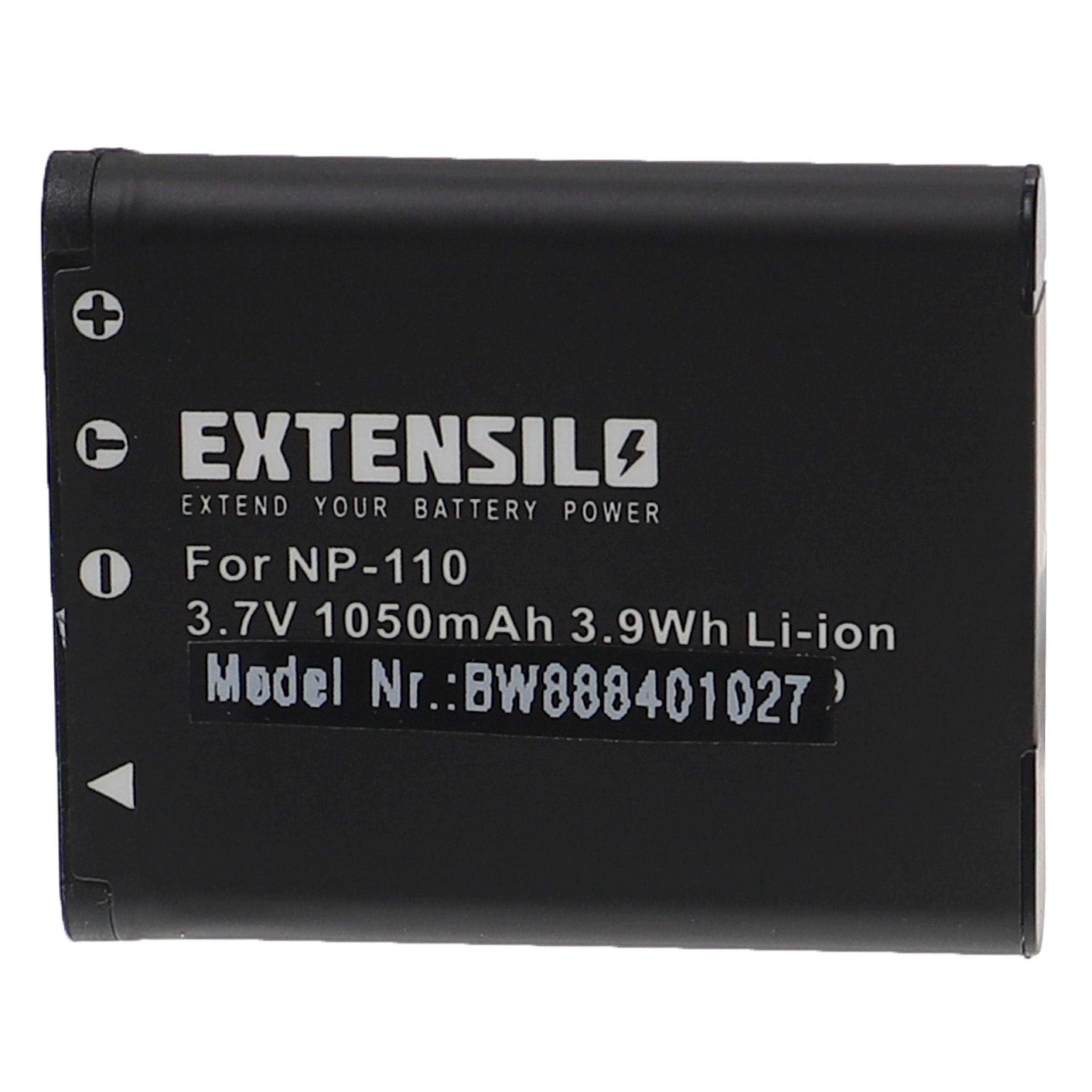 Schwarzer Akku mit weißem Text. Text: EXTENSILO, Für NP-110, 3,7 V 1050 mAh. Weißer Hintergrund.