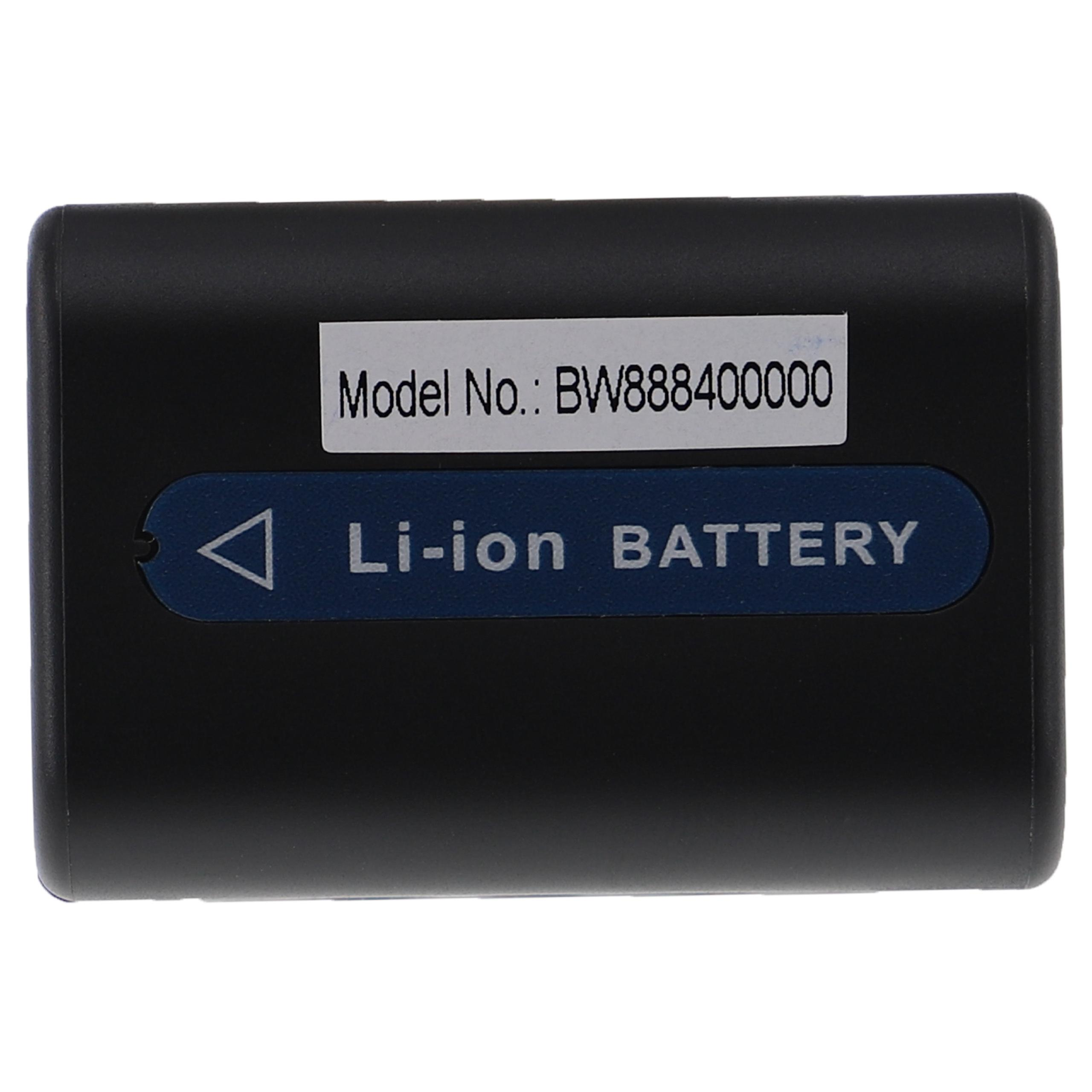 Schwarze Batterie mit weißem Etikett. Modellnummer und Li-Ionen-Batterie-Etikett in Blau. Hintergrund ist weiß.