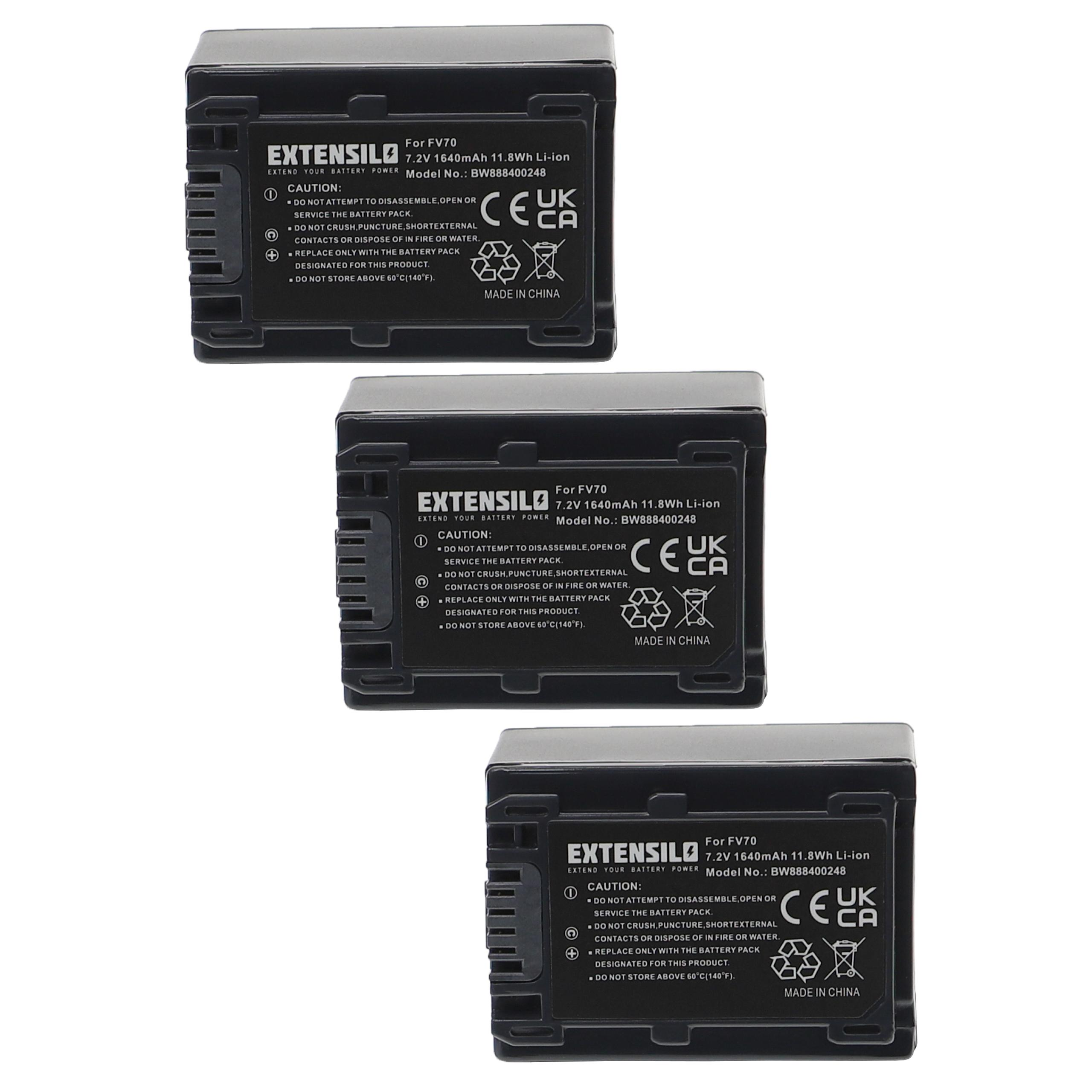 Drei schwarze Batterien mit weißem Text und Symbolen, weißer Hintergrund.