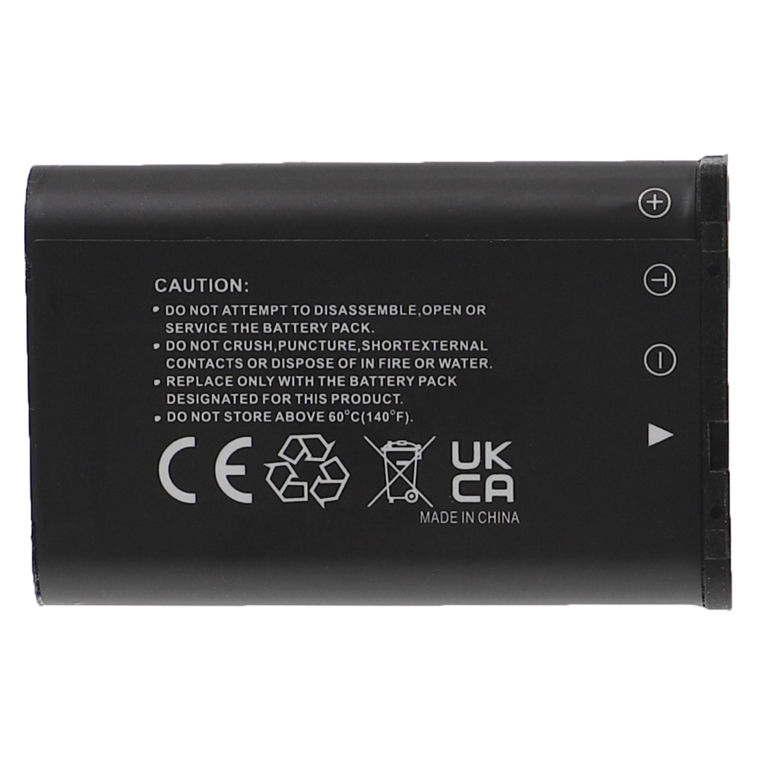 Schwarze Batterie mit Warnhinweisen. Enthält Sicherheitshinweise und CE- und UKCA-Zeichen.