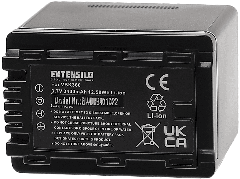 EXTENSILO kompatibel mit Panasonic SDR-T50K, SDR-T55 Li-Ion Akku - Kamera, 3.7 Volt, 3400