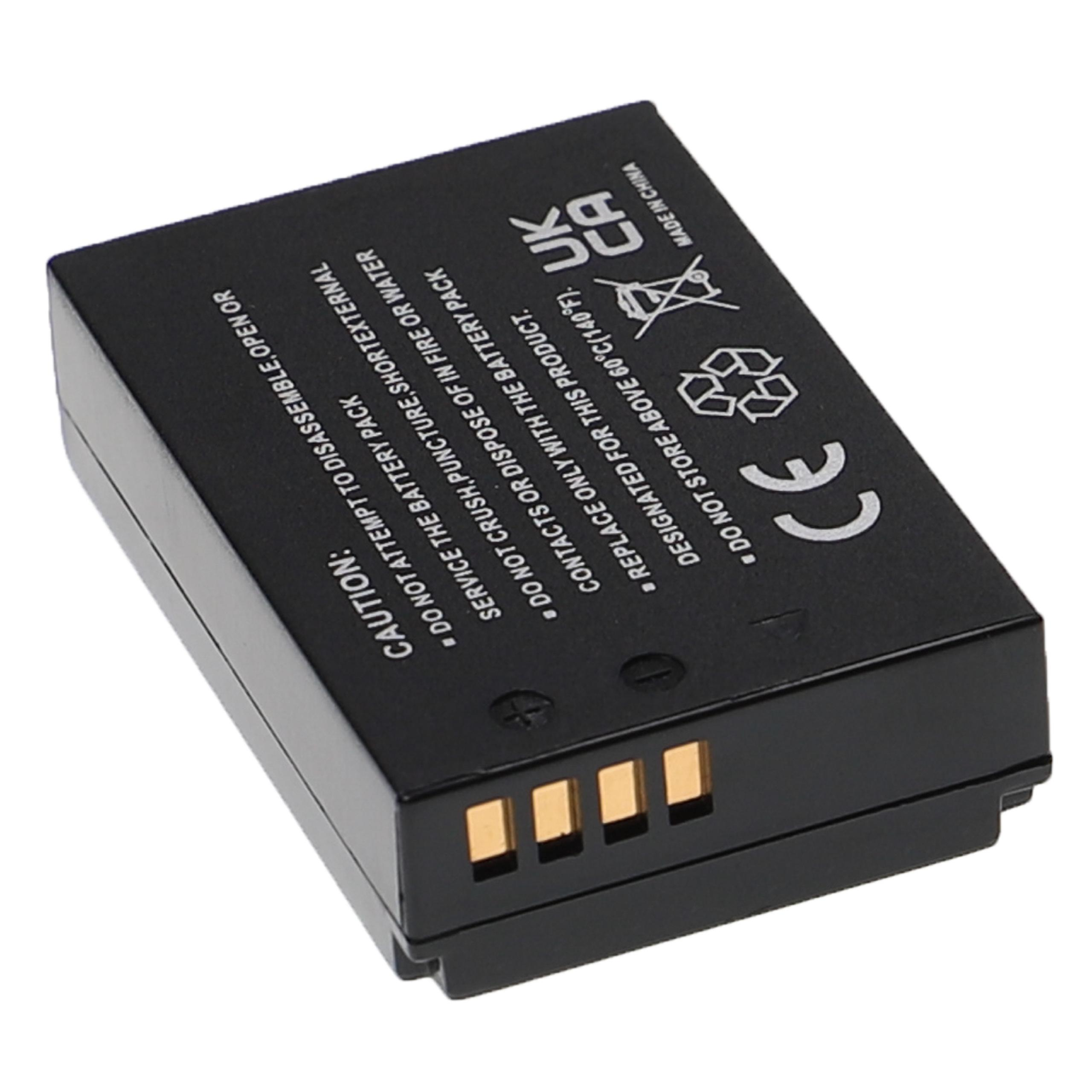 Schwarze Batterie mit Goldkontakten. Text oben. Vorsichtsetiketten sind sichtbar.