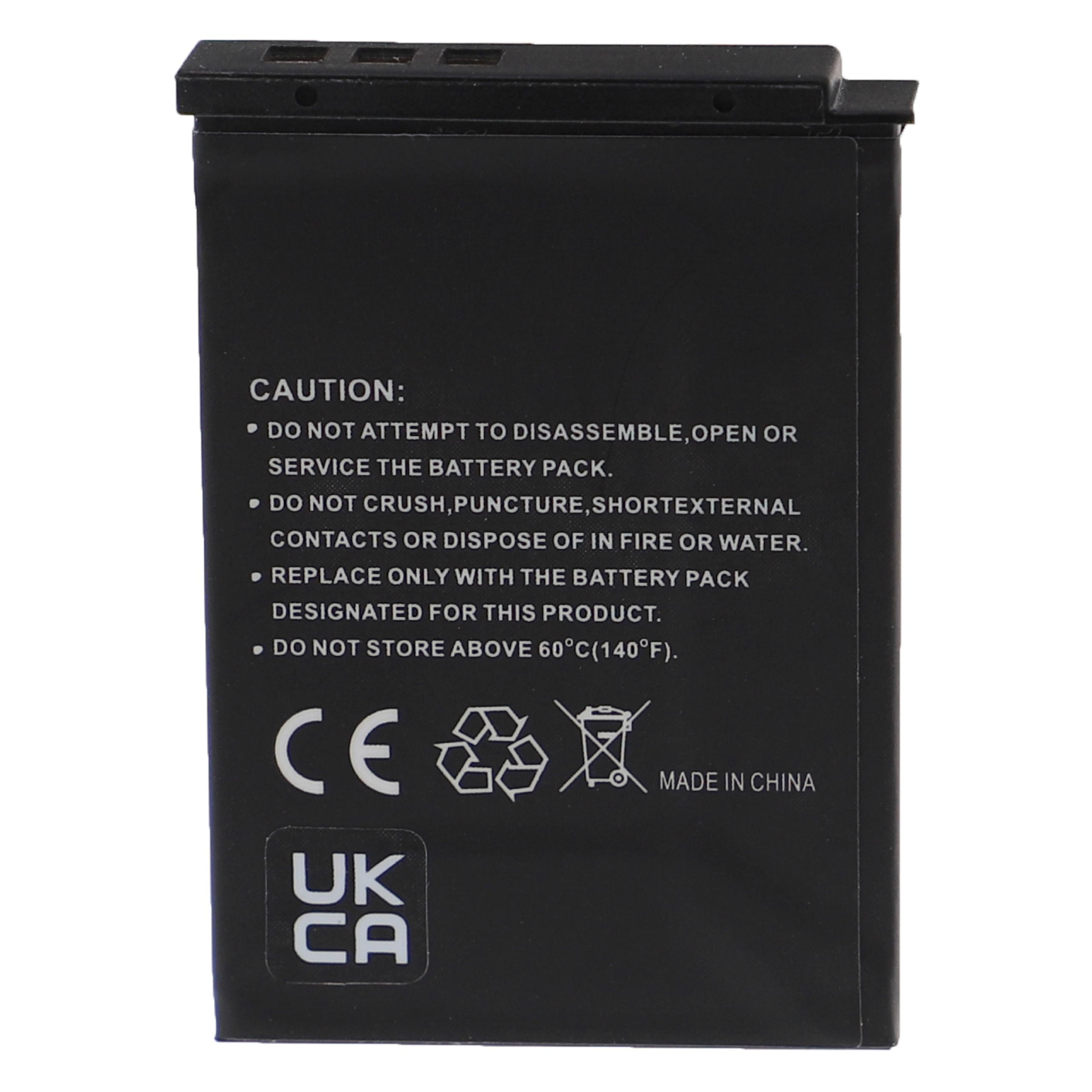 Schwarzer Akku mit weißem Text. Er hat Warnungen und Recycling-Symbole. Er zeigt auch CE- und UKCA-Zeichen. Hergestellt in China.