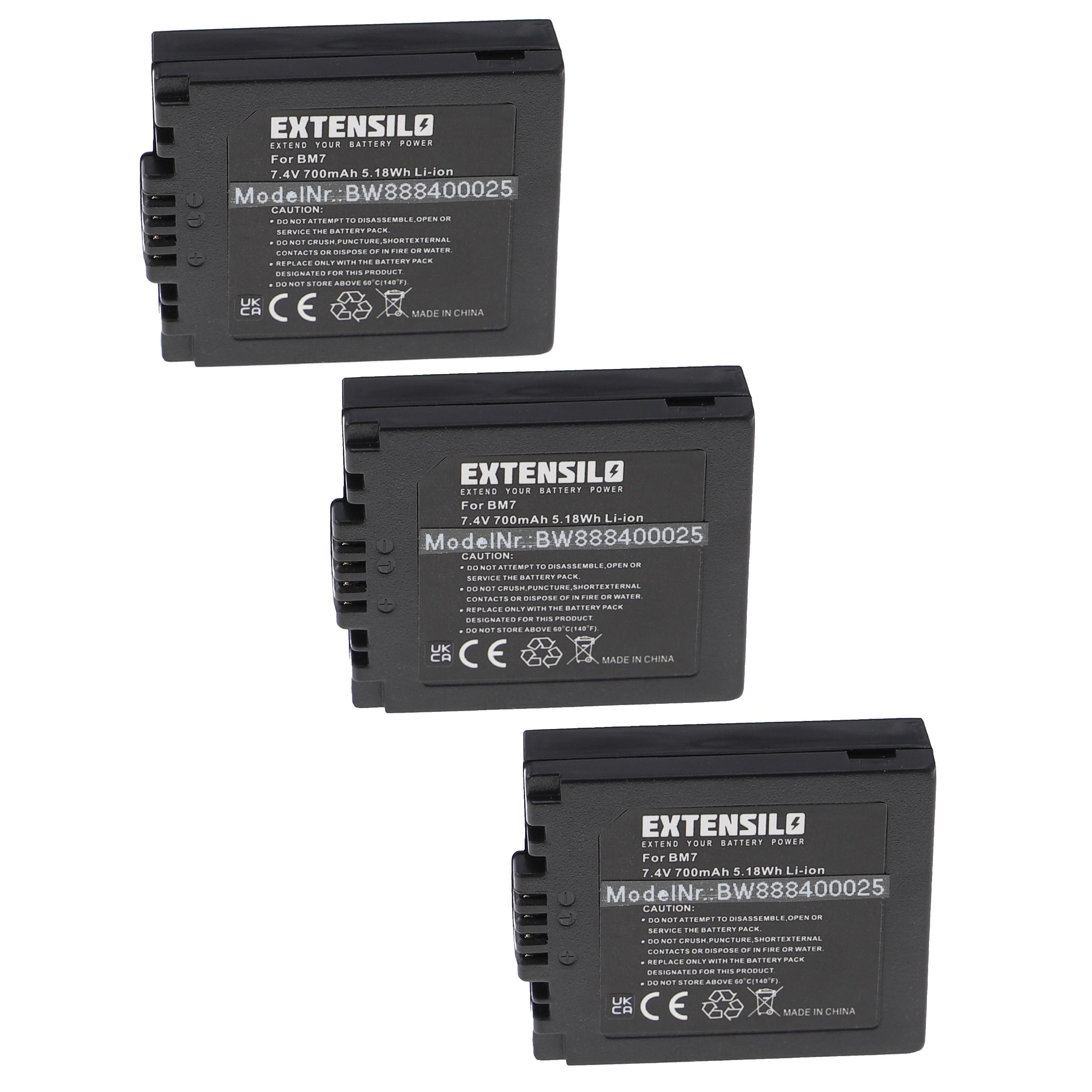 Drei schwarze EXTENSIO-Batterien mit Etiketten und Modellnummern werden angezeigt.