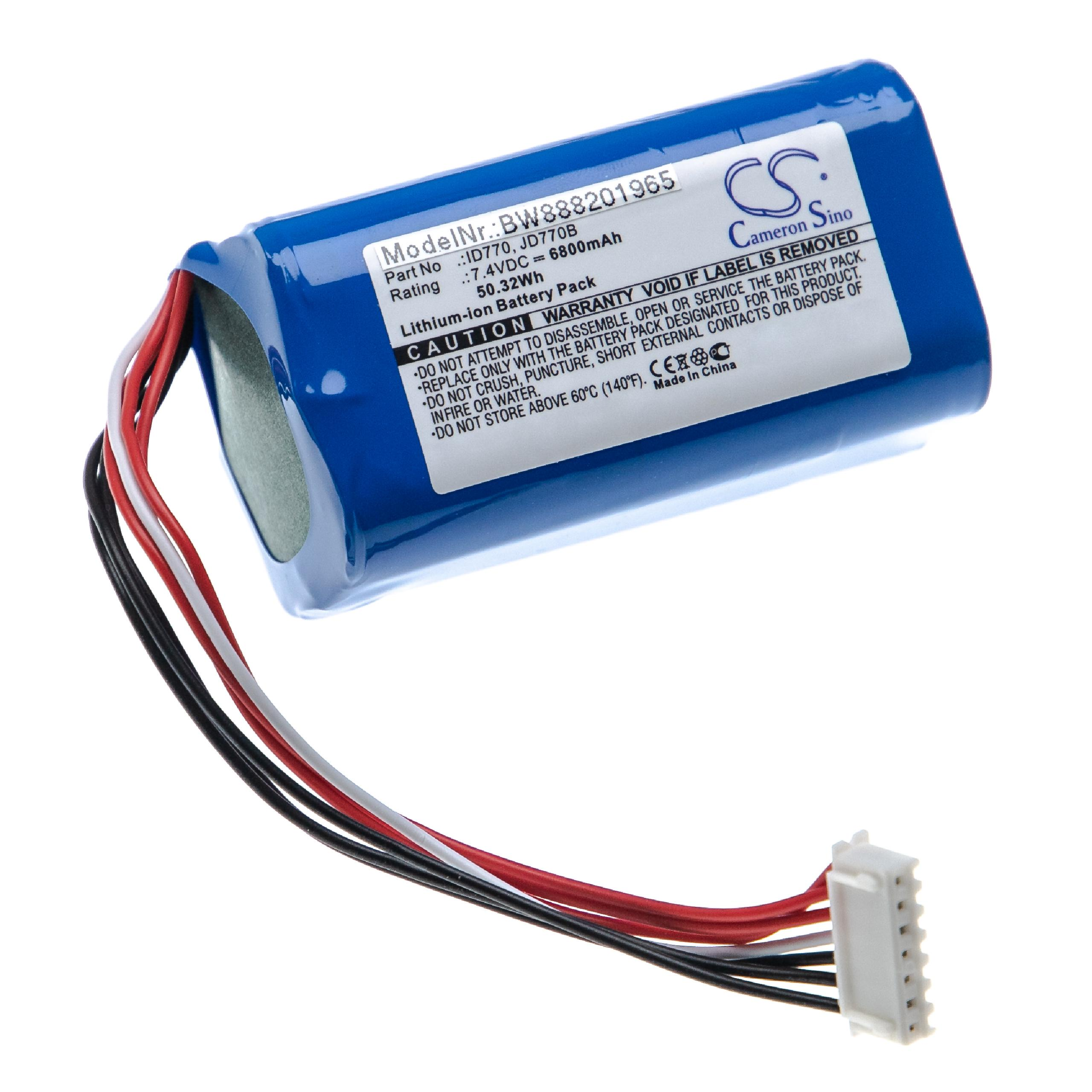 Blaue Batterie mit weißen und roten Drähten, einem weißen Stecker und schwarzem Text mit Sicherheitsinformationen.