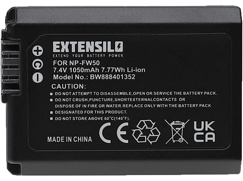 EXTENSILO kompatibel mit Sony Alpha 6000, 6300, 5000, 7 II, 7R II, 3000, 5100, 6500, 7R, 7, 6400, 6100 Li-Ion Akku - Kamera, 7.4 Volt, 1050