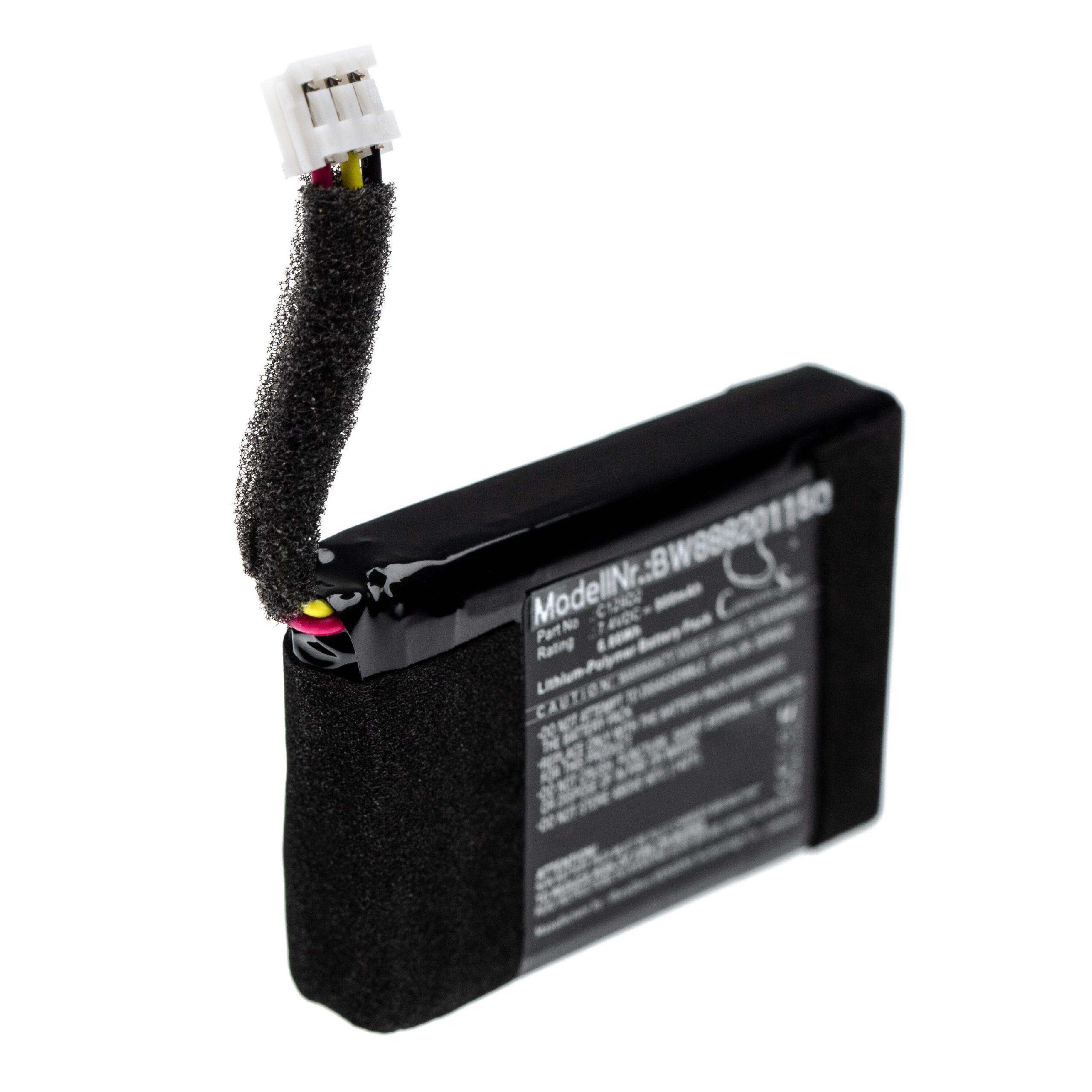 Schwarze Batterie mit einem mit schwarzem Schaumstoff umwickelten Draht mit weißem Stecker.