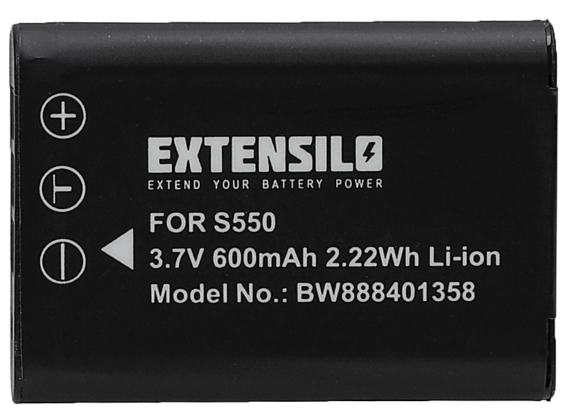 EXTENSILO kompatibel mit Pentax Optio W80, W60, M50, L50, S1, M60, V20 Li-Ion Akku - Kamera, 3.7 Volt, 600