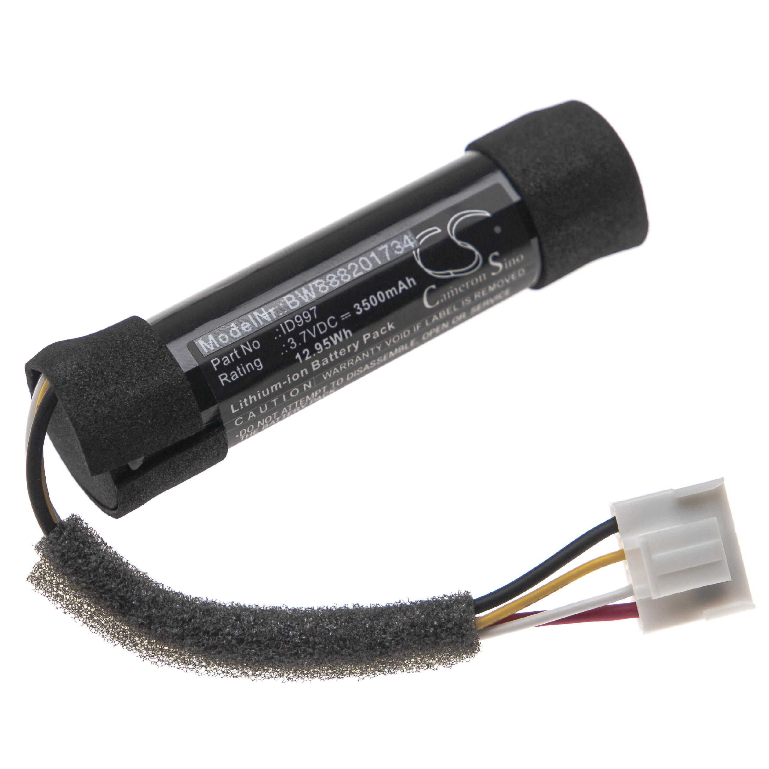 Schwarze zylindrische Batterie mit Schaumstoffpolsterung. Kabel mit weißem Stecker. Text auf der Batterie.
