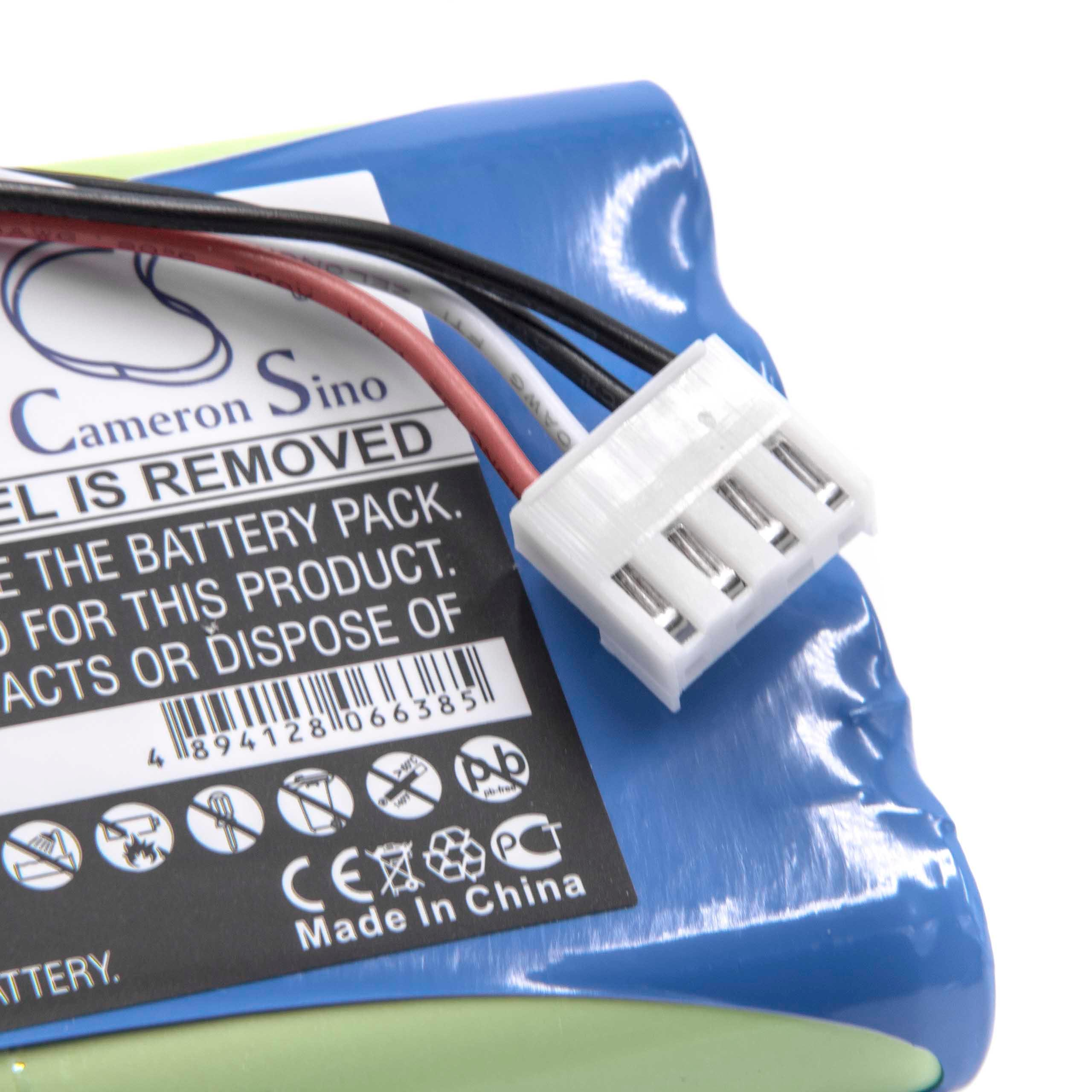 Nahaufnahme einer Batterie mit weißem Stecker. Schwarze, weiße und rote Drähte. Text und Logo sichtbar.