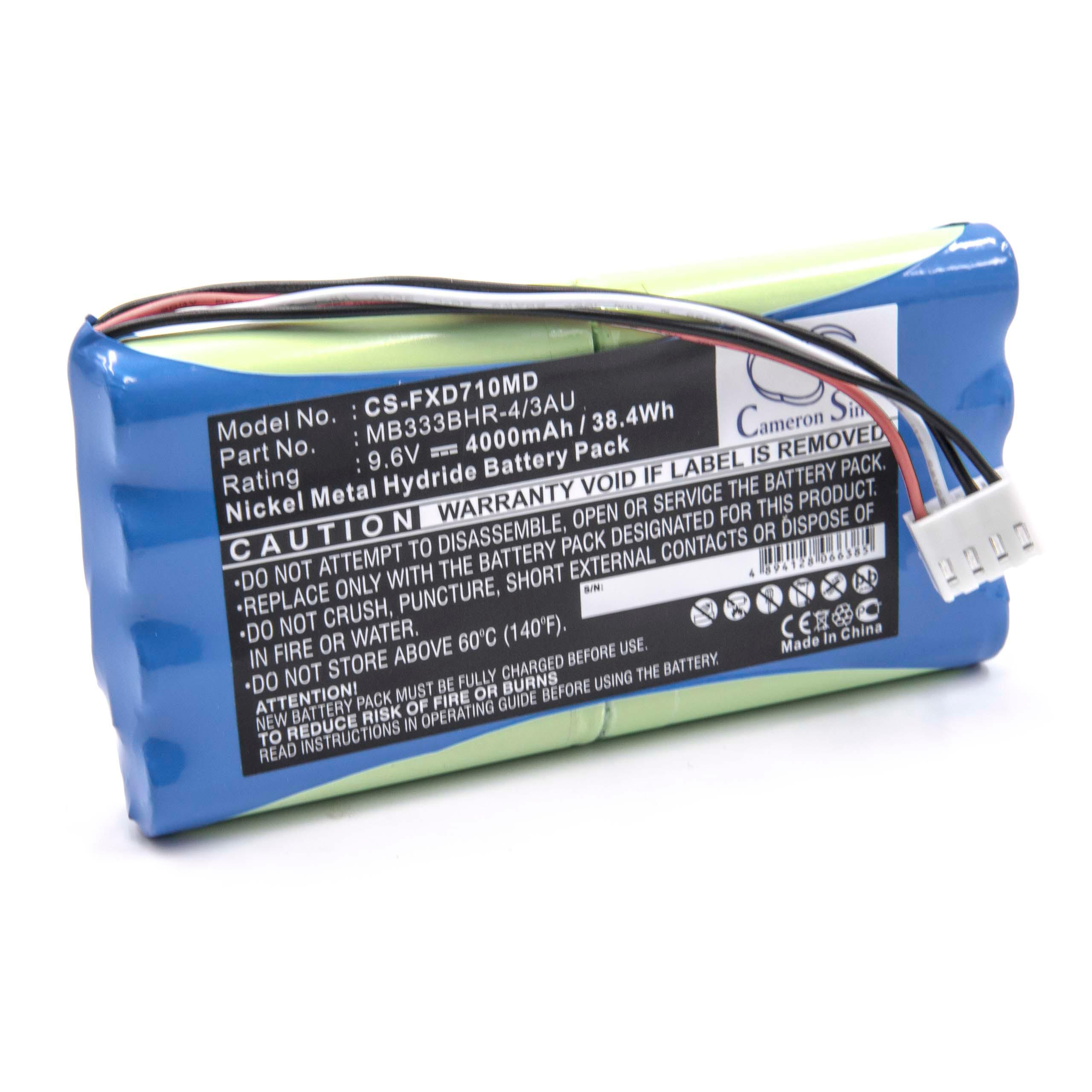Ein blaues Batteriepack mit Etikett, Drähten und einem weißen Stecker auf weißem Hintergrund.