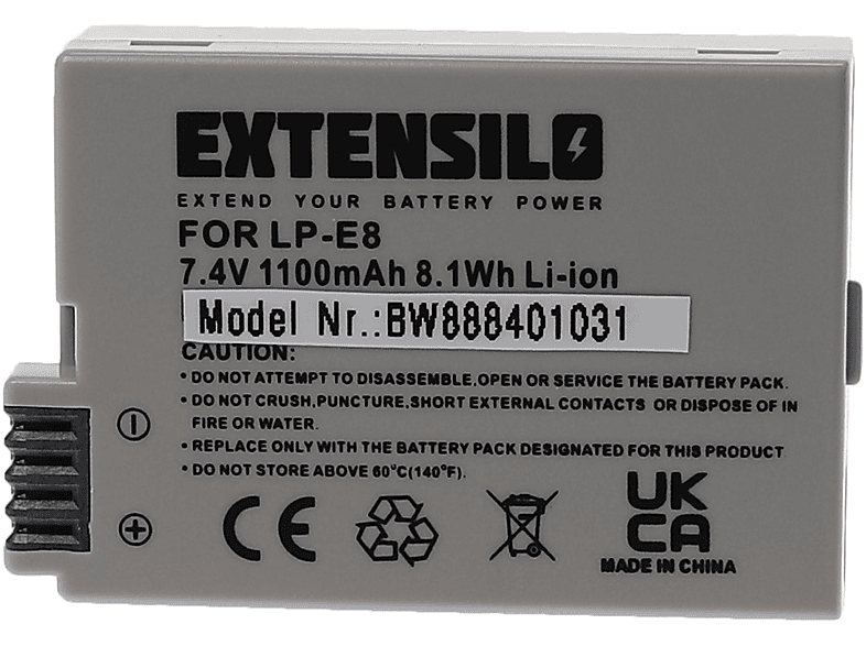 EXTENSILO 7.4 für LP-E8 mAh 1100 für Volt, Akku, Ersatz Canon Li-Ion