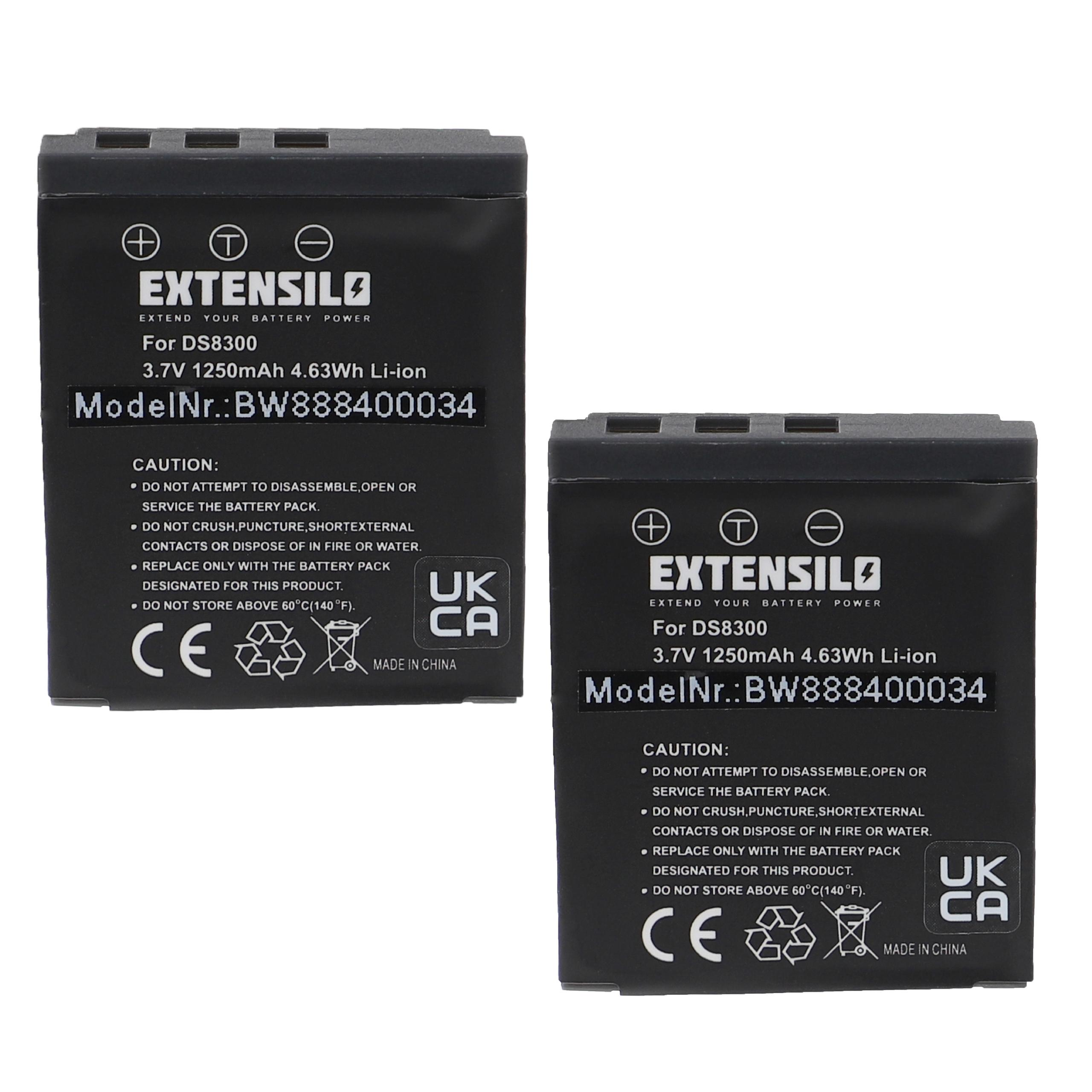 Zwei schwarze Batterien mit weißen Etiketten. Marke Extensilo, Modell BW888400034, hergestellt in China.
