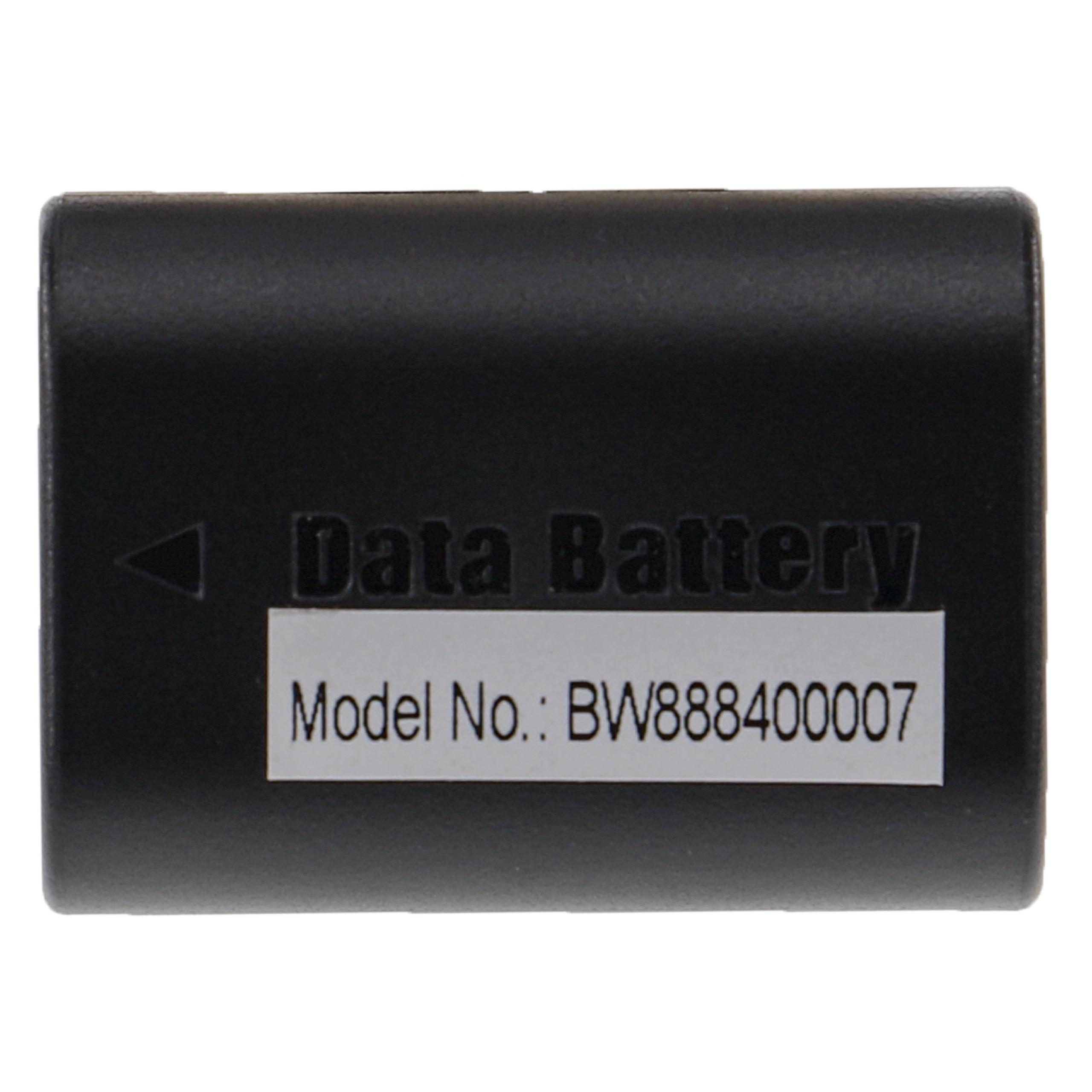 Schwarze Batterie mit Etikett. Weißer Hintergrund. Data Battery Etikett. Modell-Nr. BW888400007.