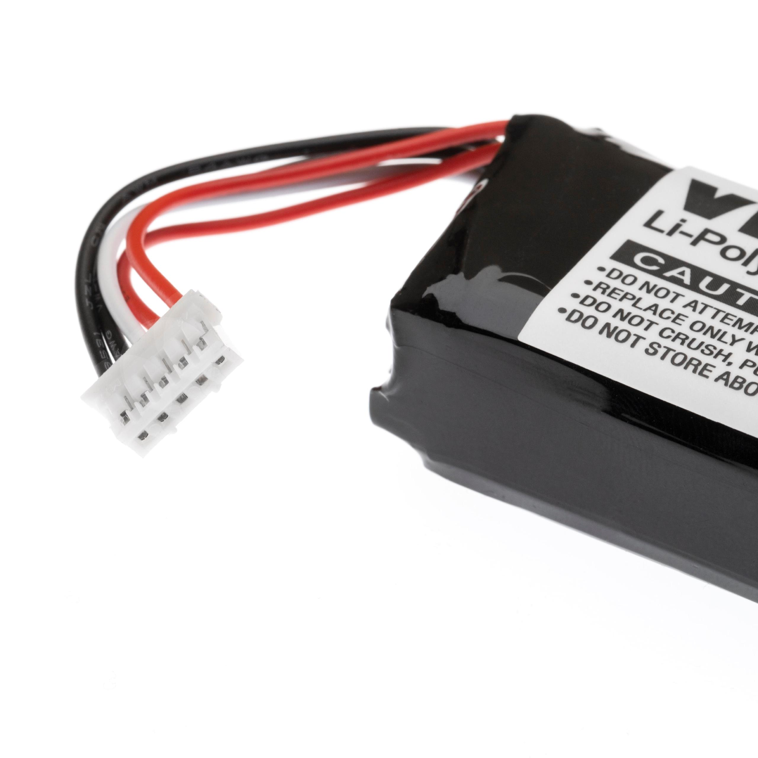 Schwarzer Akku mit Drähten und Stecker. Rote, schwarze und weiße Drähte gehen vom Stecker aus.