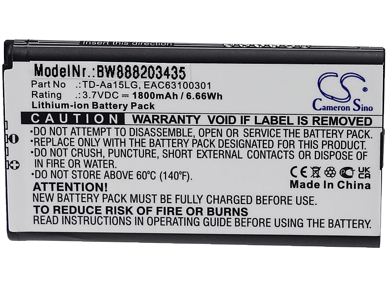 - EAC63100301, für Lautsprecher, TD-Aa15 Ersatz Volt, LG VHBW für Akku Li-Ion 3.7 1800