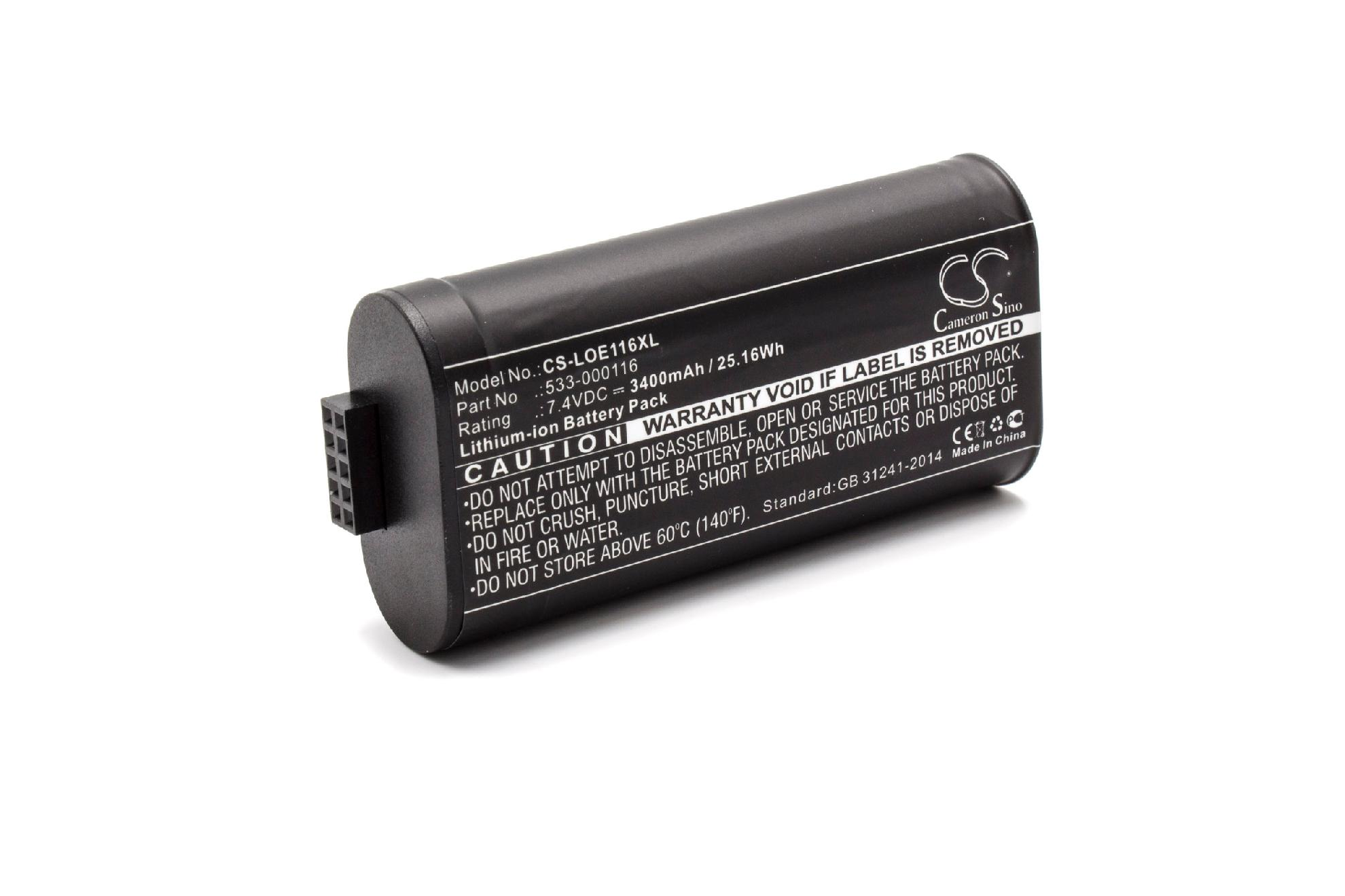 Schwarze Batterie mit Textetiketten und einem schwarzen Stecker, auf weißem Hintergrund.