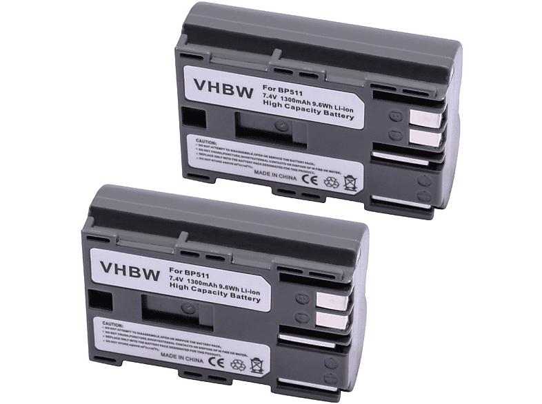VHBW kompatibel mit Canon EOS 300D, 5D, Kamera, Akku D20, 10D, 50D, D30, 1300 Volt, 1D, 20D, - Li-Ion 30D 7.2 D10, D60, 40D