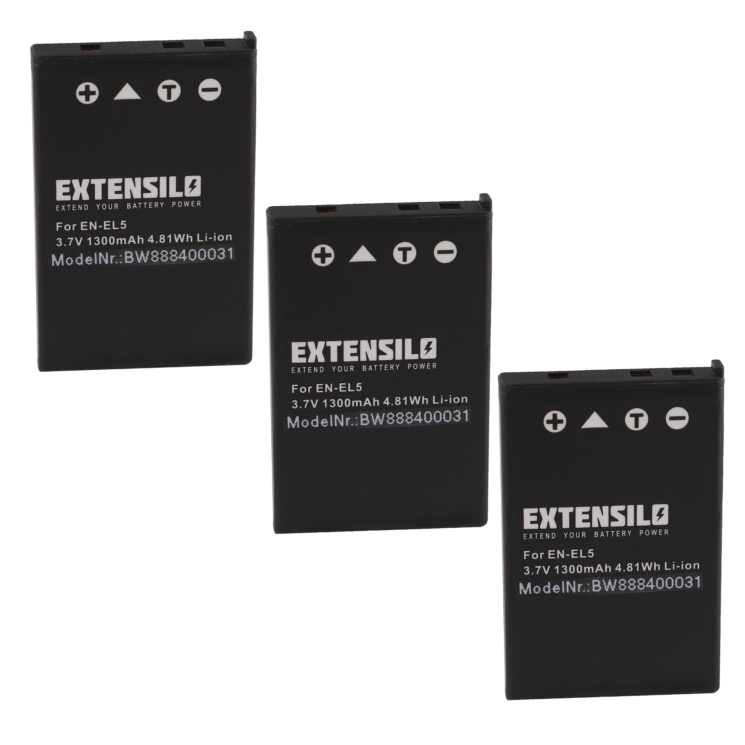 Drei schwarze Batterien mit weißem Text vor weißem Hintergrund.