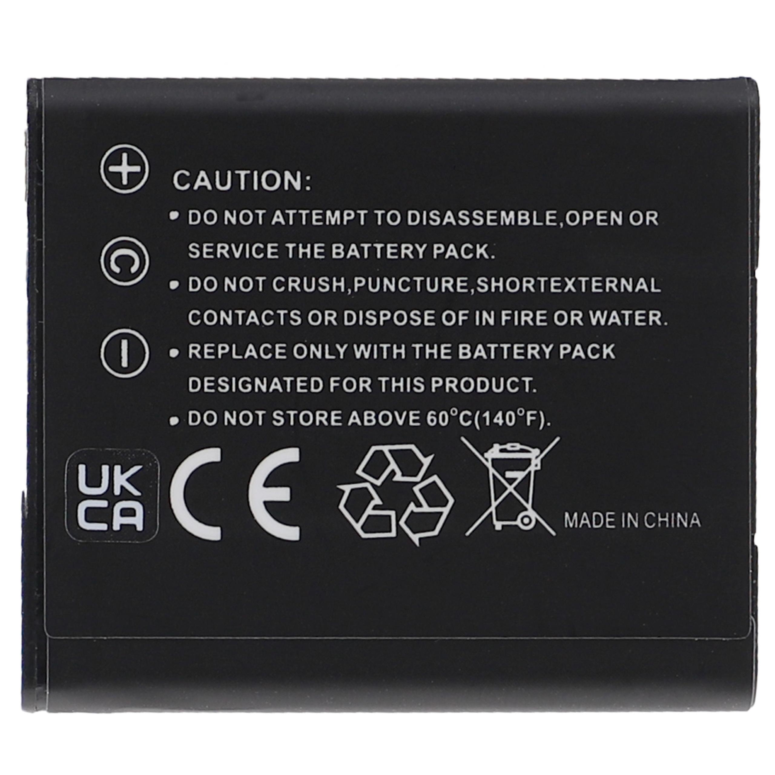 Schwarzer Akku mit Warnhinweisen und Symbolen, weißer Hintergrund. CE-, UKCA-Kennzeichen. Made in China-Etikett.