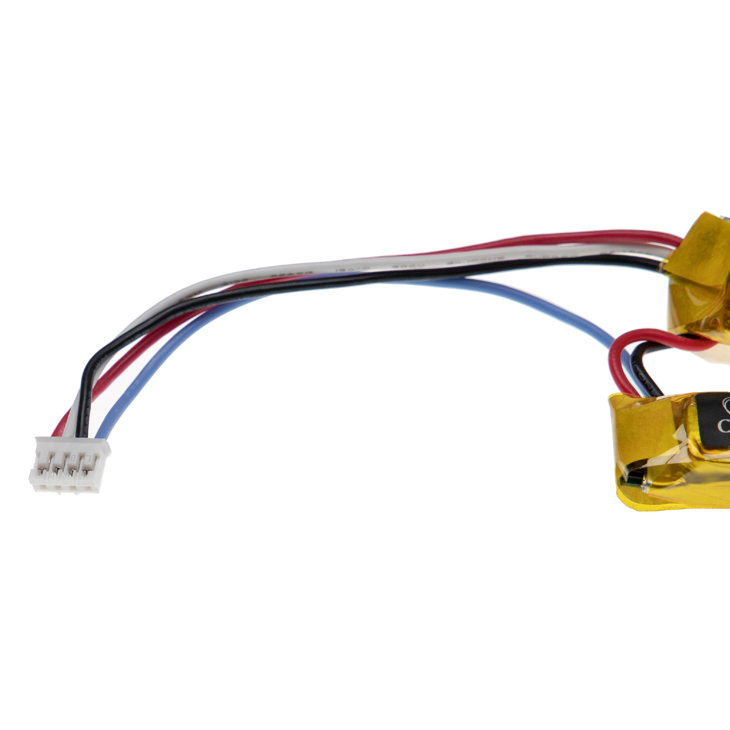 Batterien mit Drähten und Steckern. Drähte sind schwarz, weiß, rot und blau. Stecker sind weiß.