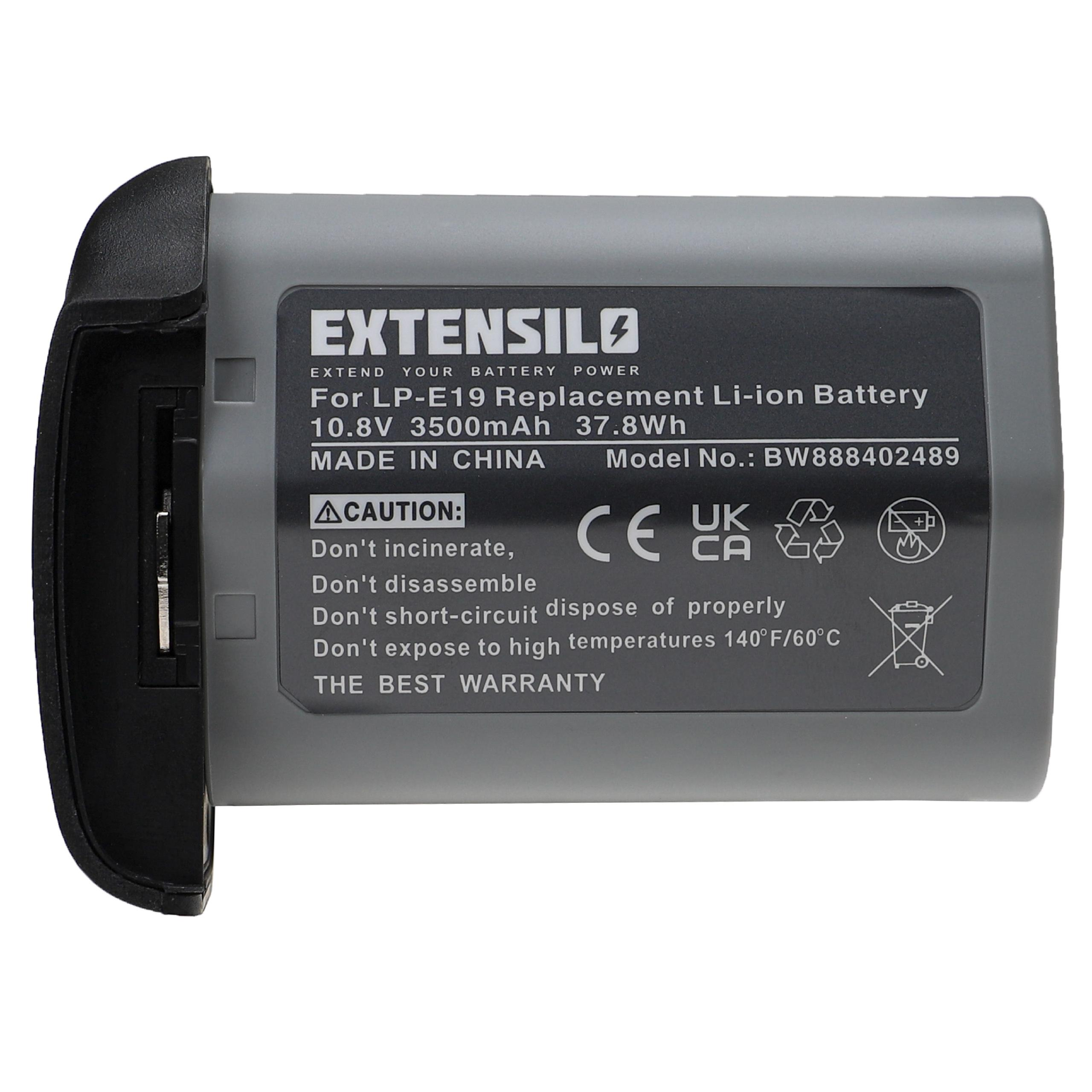 Grauer Akku mit weißem Text. Mit EXTENSILO-Markennamen, Modell LP-E19 und technischen Daten.