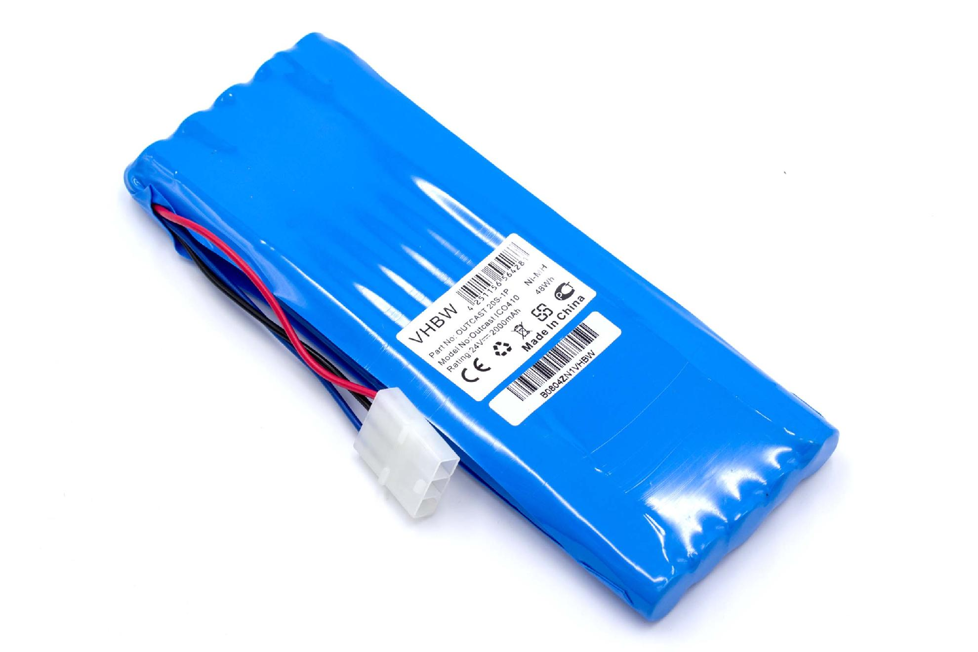 Blauer rechteckiger Akku mit Text und einem weißen Stecker. Weißer Hintergrund.