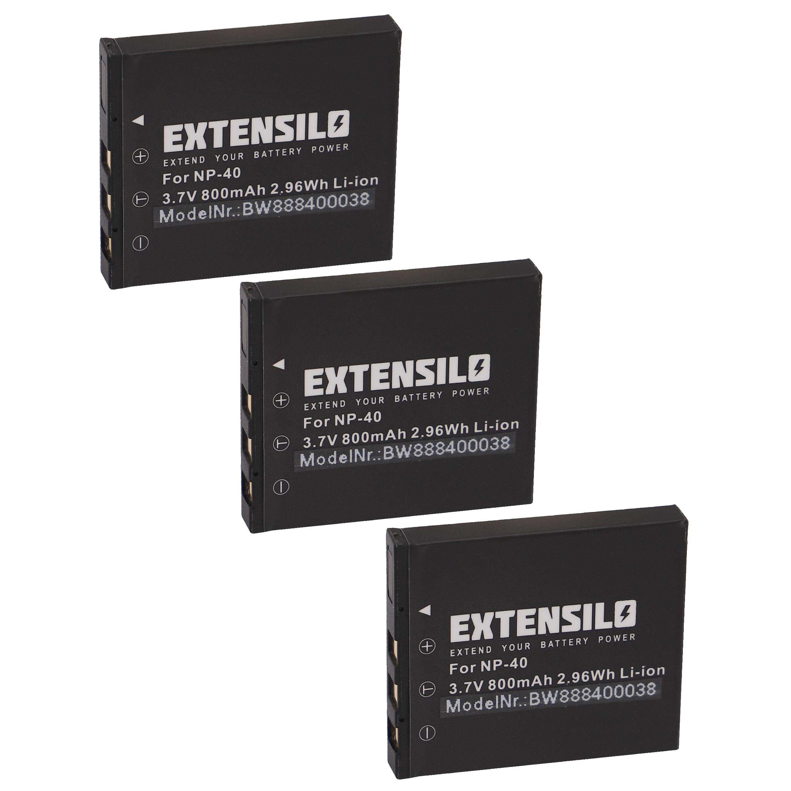 Drei schwarze Batterien mit weißen Etiketten und Text. Der Text 'EXTENSILO' und 'BW888400038' sind sichtbar.