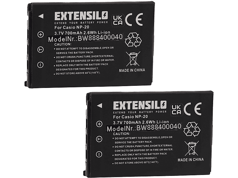 EXTENSILO kompatibel mit Casio Exilim EX-Z11, EX-S500, EX-Z12, EX-S600, EX-S880, EX-S770D, EX-S3, EX-S600D Li-Ion Akku - Kamera, 3.7 Volt, 700