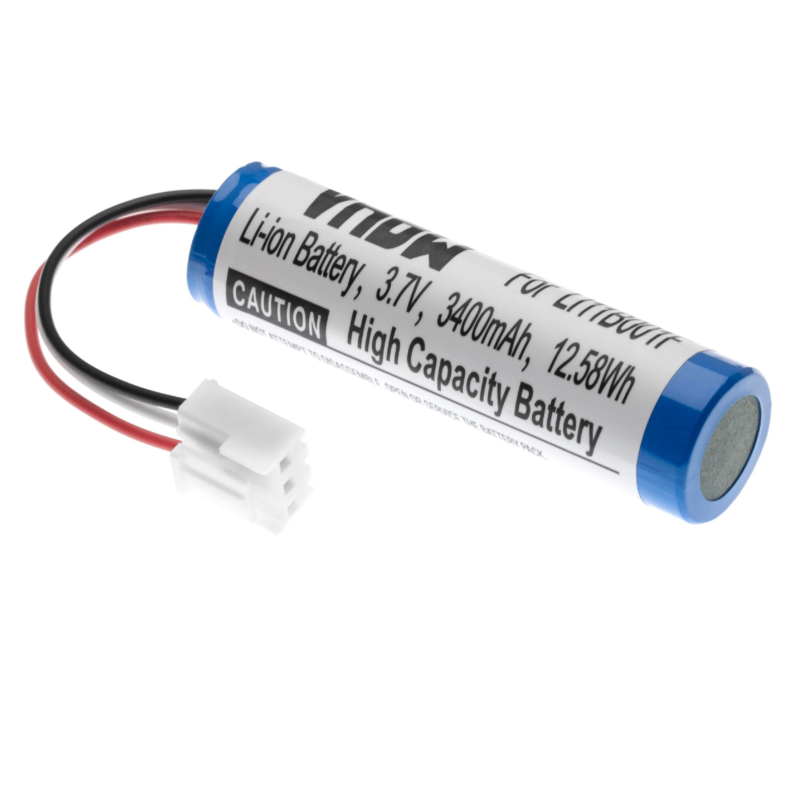 Zylindrische Li-Ionen-Batterie mit Text und Drähten. Weißer Hintergrund.