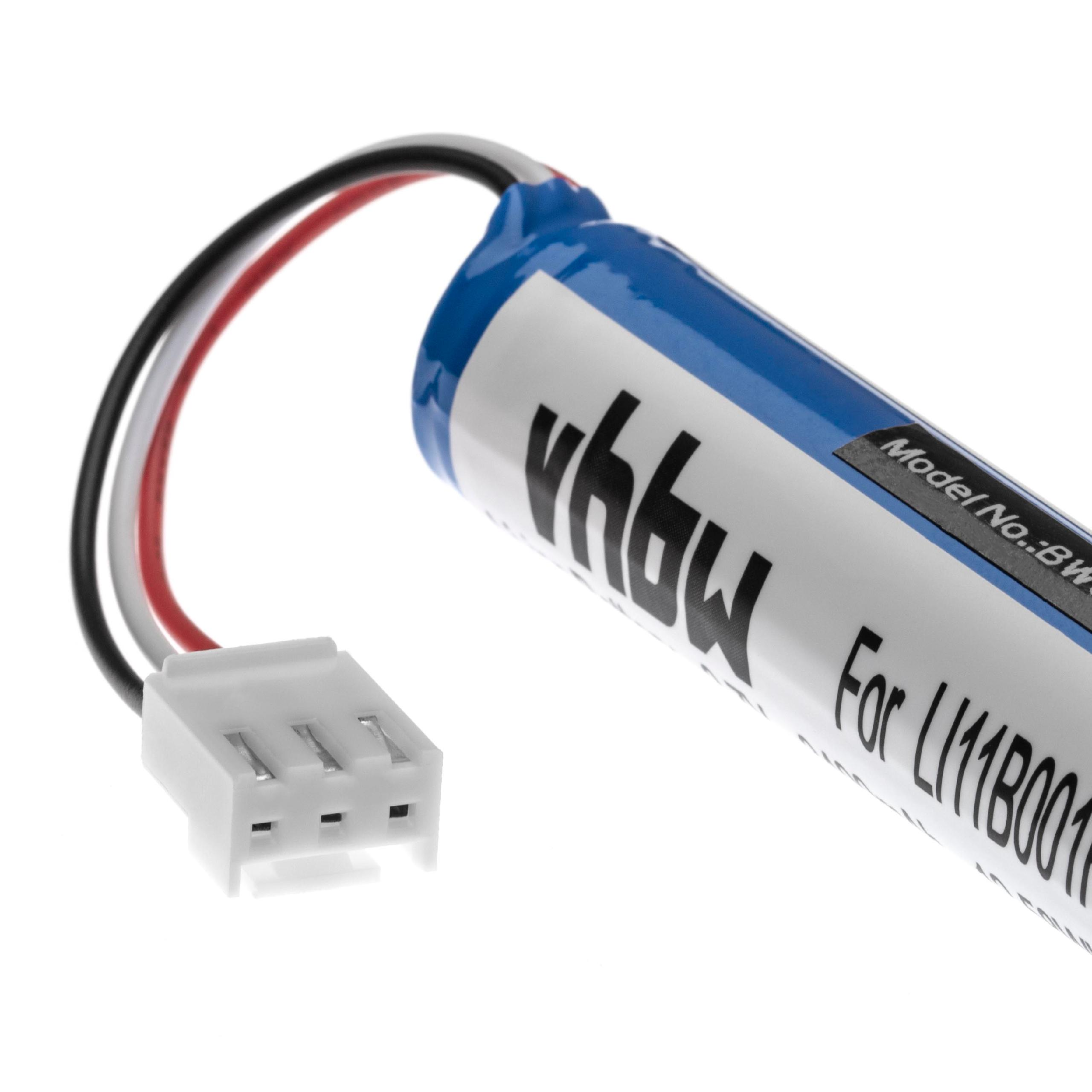 Eine zylindrische Batterie mit weißem Etikett und Drähten. Die Batterie ist blau und weiß. Weißer Hintergrund.