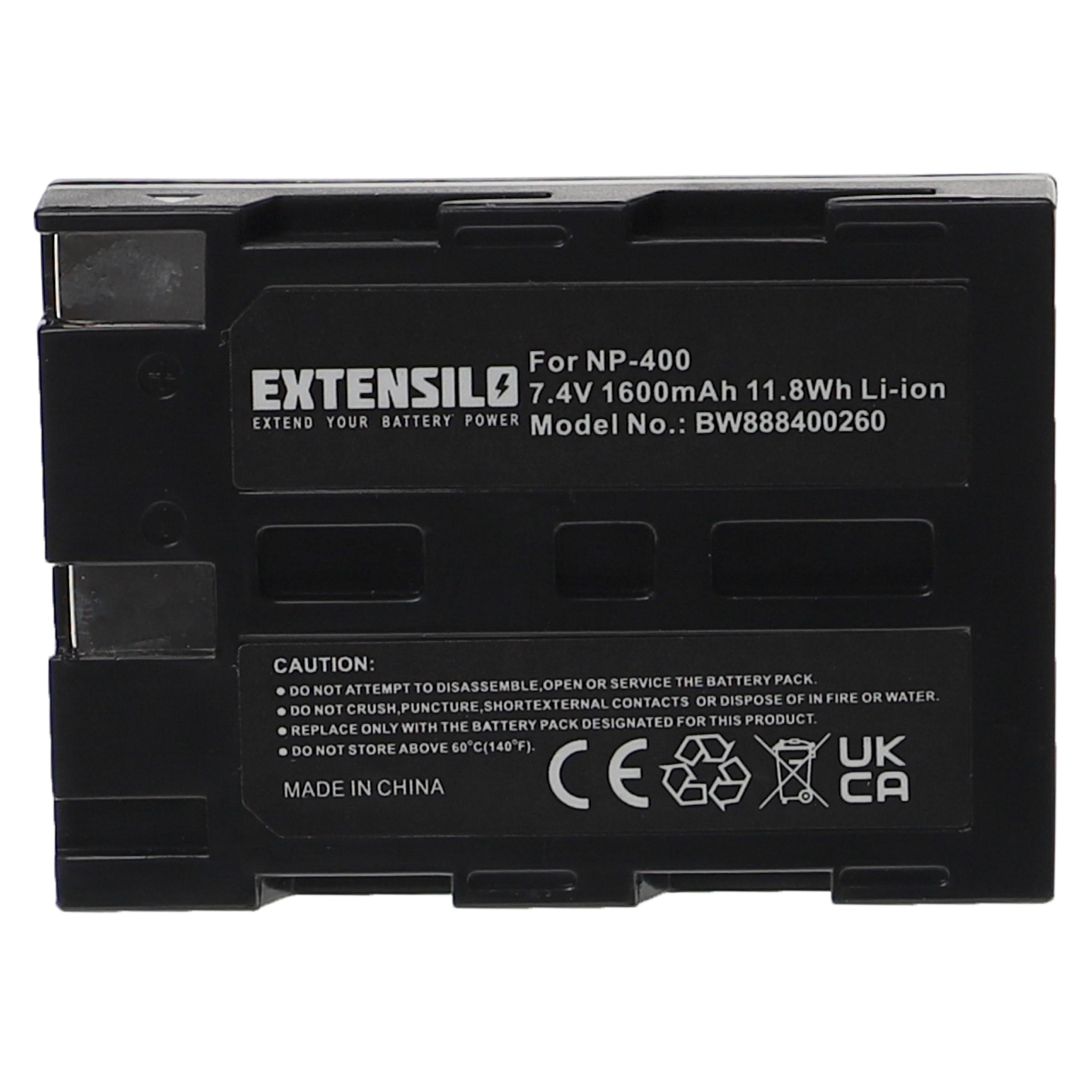 Ein schwarzes Akkupack mit Text, darunter 'EXTENSILO' und 'For NP-400' sowie Sicherheitshinweisen.