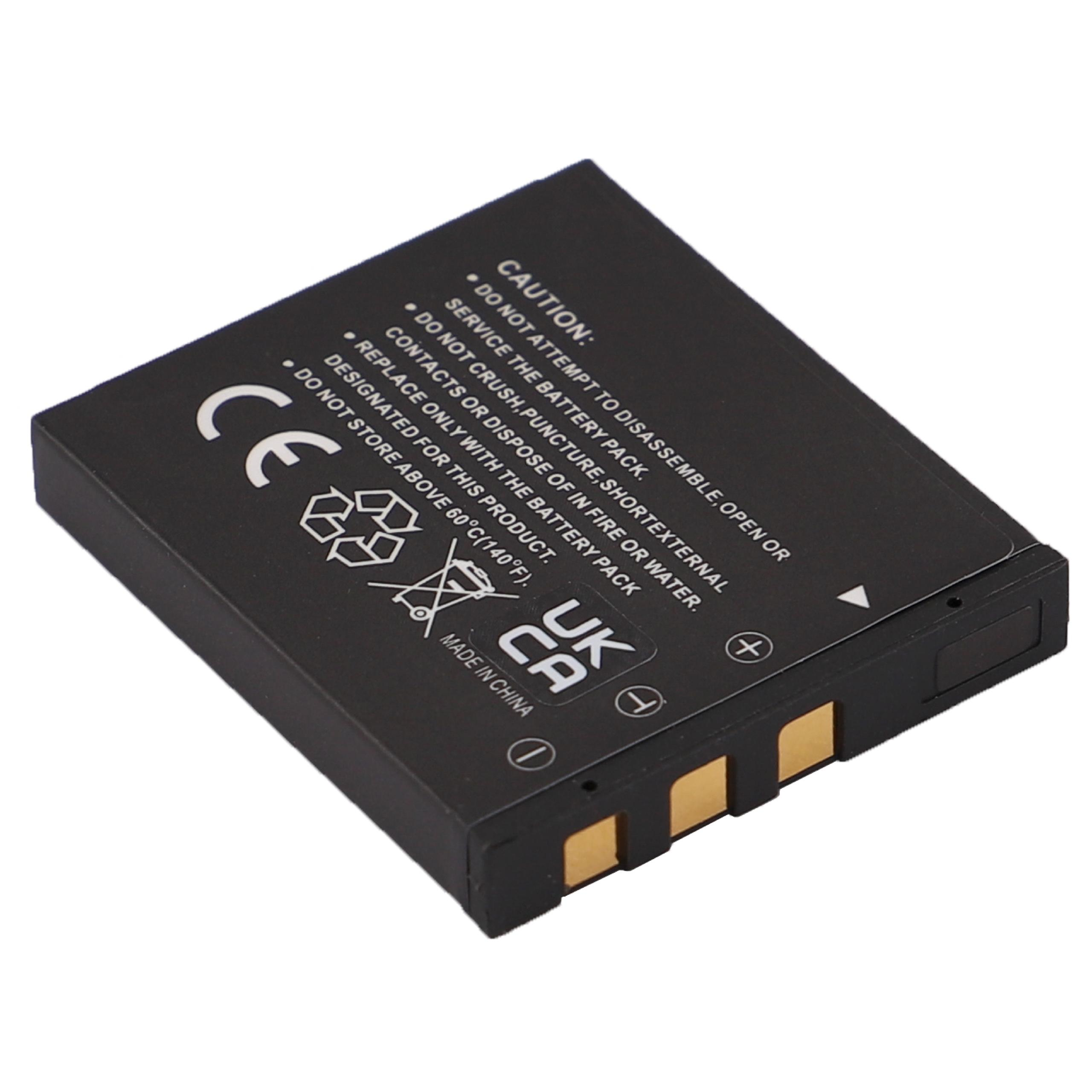 Eine schwarze Batterie mit Warnhinweisen, CE- und UK CA-Kennzeichnung.