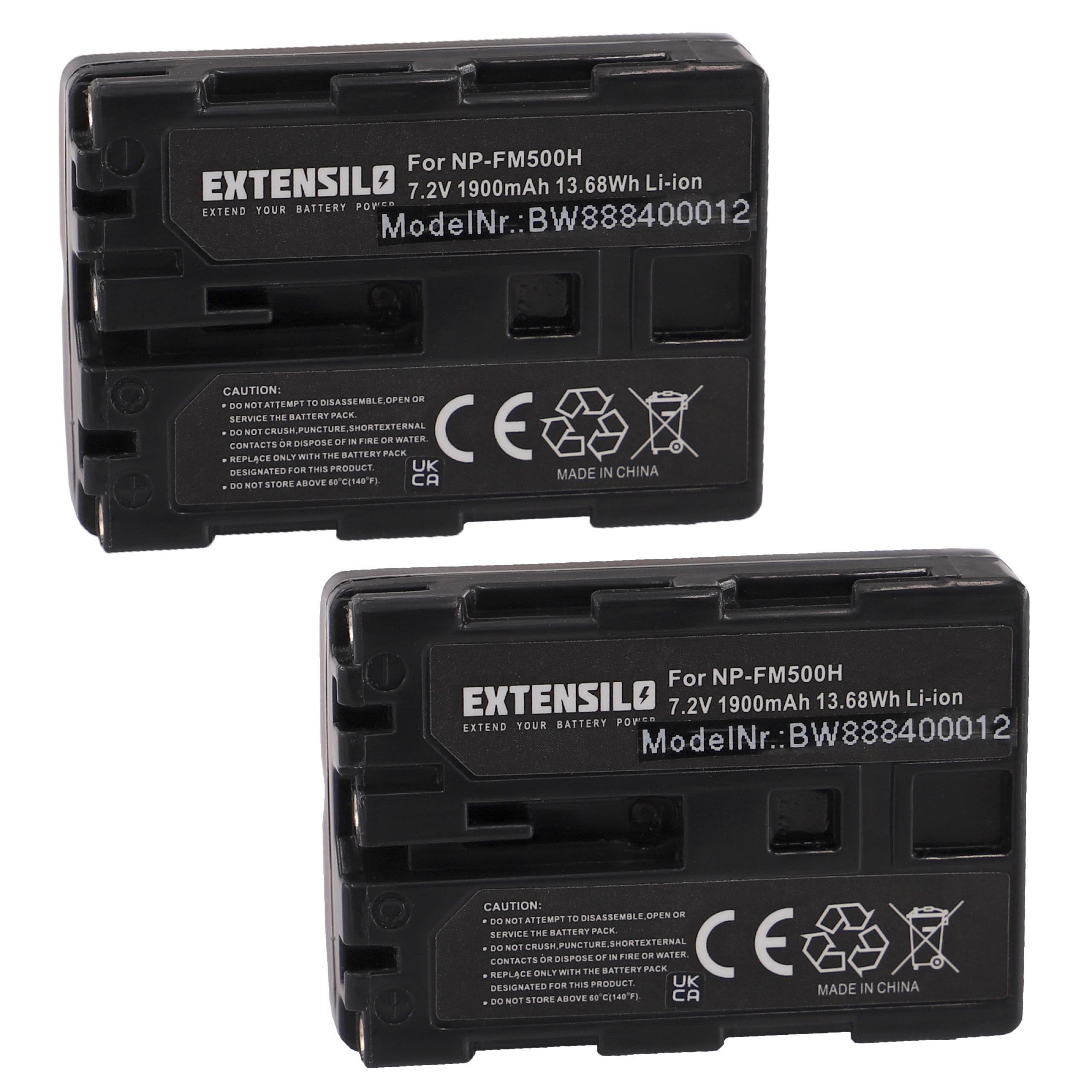 Zwei schwarze Batterien, jede mit weißem Text. Sie haben Warnhinweise und sind mit "EXTENSILO" und "CE" gekennzeichnet.