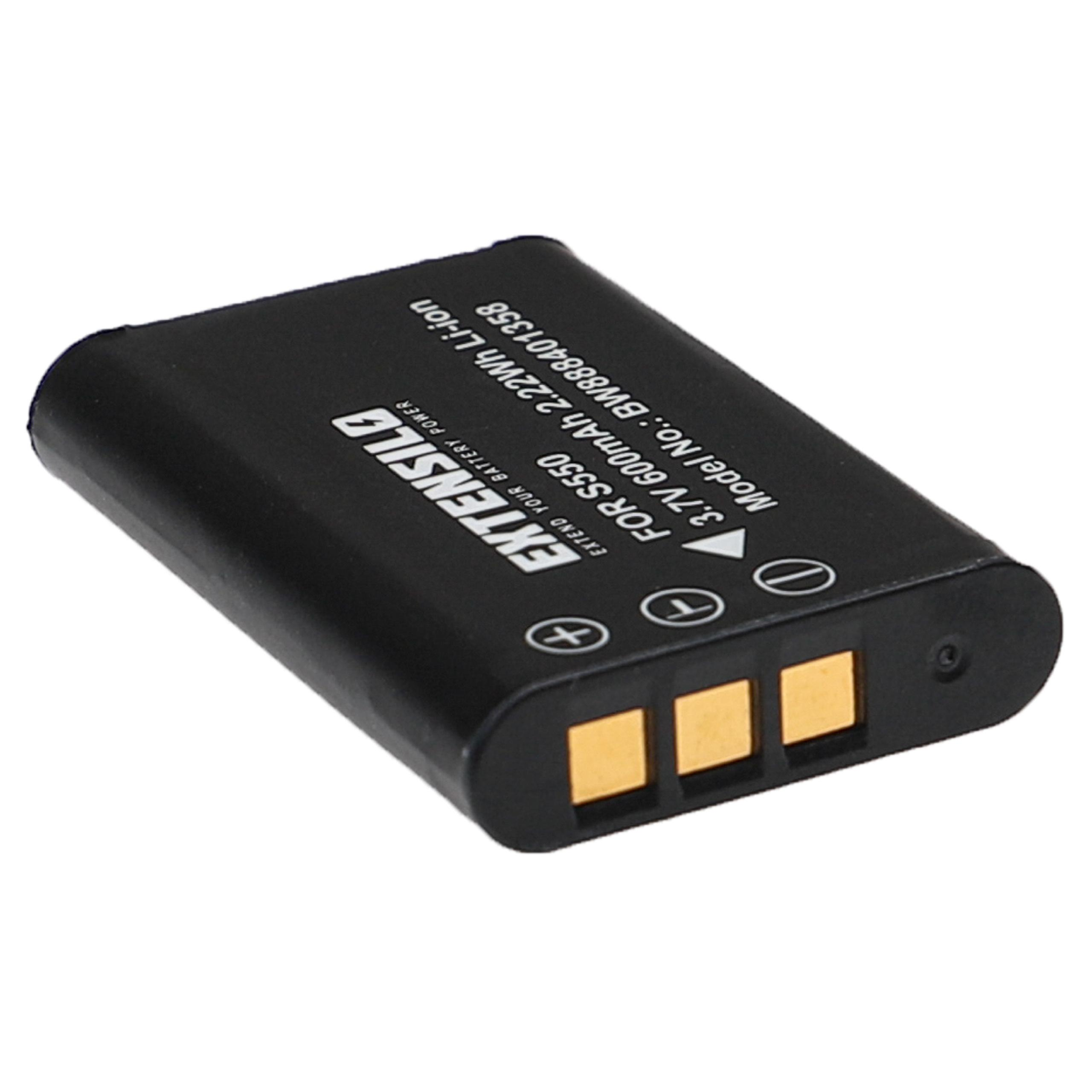 Eine schwarze Batterie mit Text, einem Plus- und Minuszeichen und drei Goldkontakten.