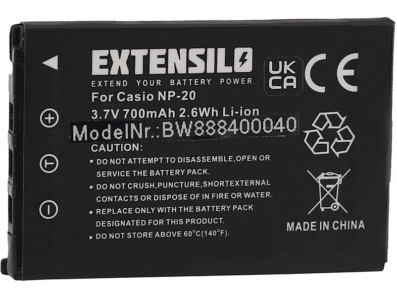 EXTENSILO kompatibel mit Casio Akku EX-S600D EX-Z11, Li-Ion Exilim EX-S500, EX-Z12, Kamera, EX-Z15, 700 EX-S600, - EX-S880, EX-S770D