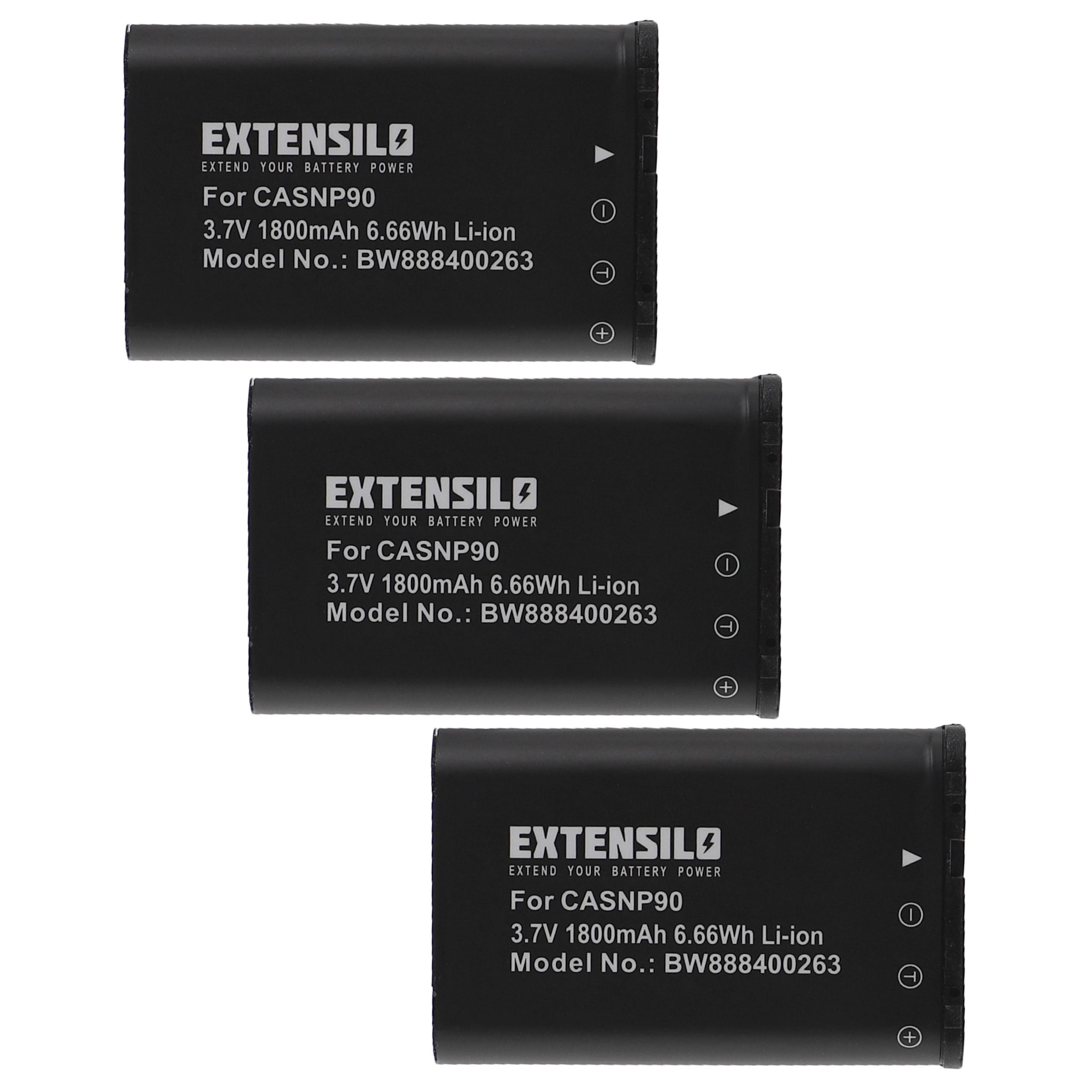Drei schwarze Batterien mit weißem Text: EXTENSILO, For CASNP90 und Modell-Nr. Sie liegen auf weißer Oberfläche.