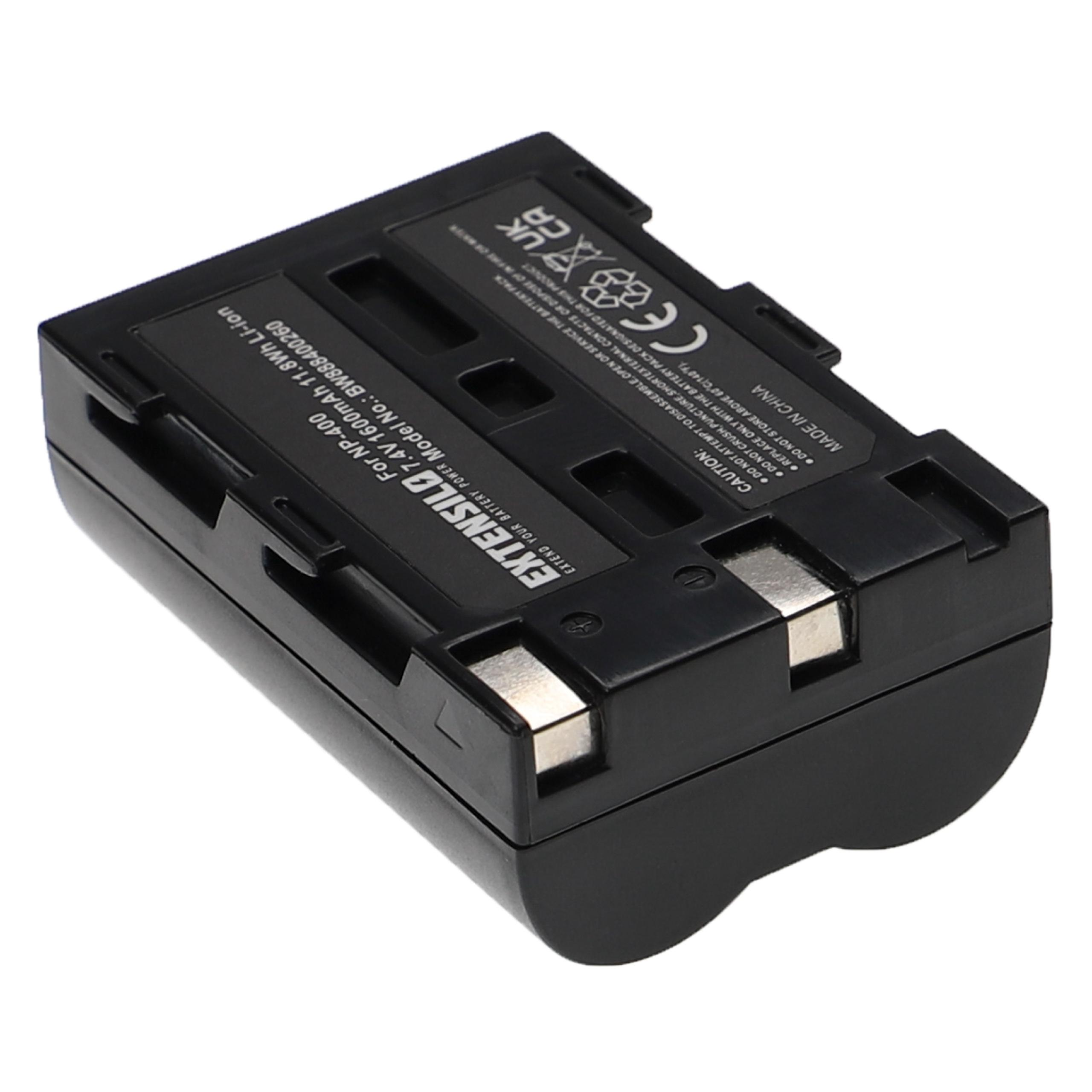 Schwarze rechteckige Batterie mit Text und Symbolen. Sie hat zwei silberne Metallanschlüsse.