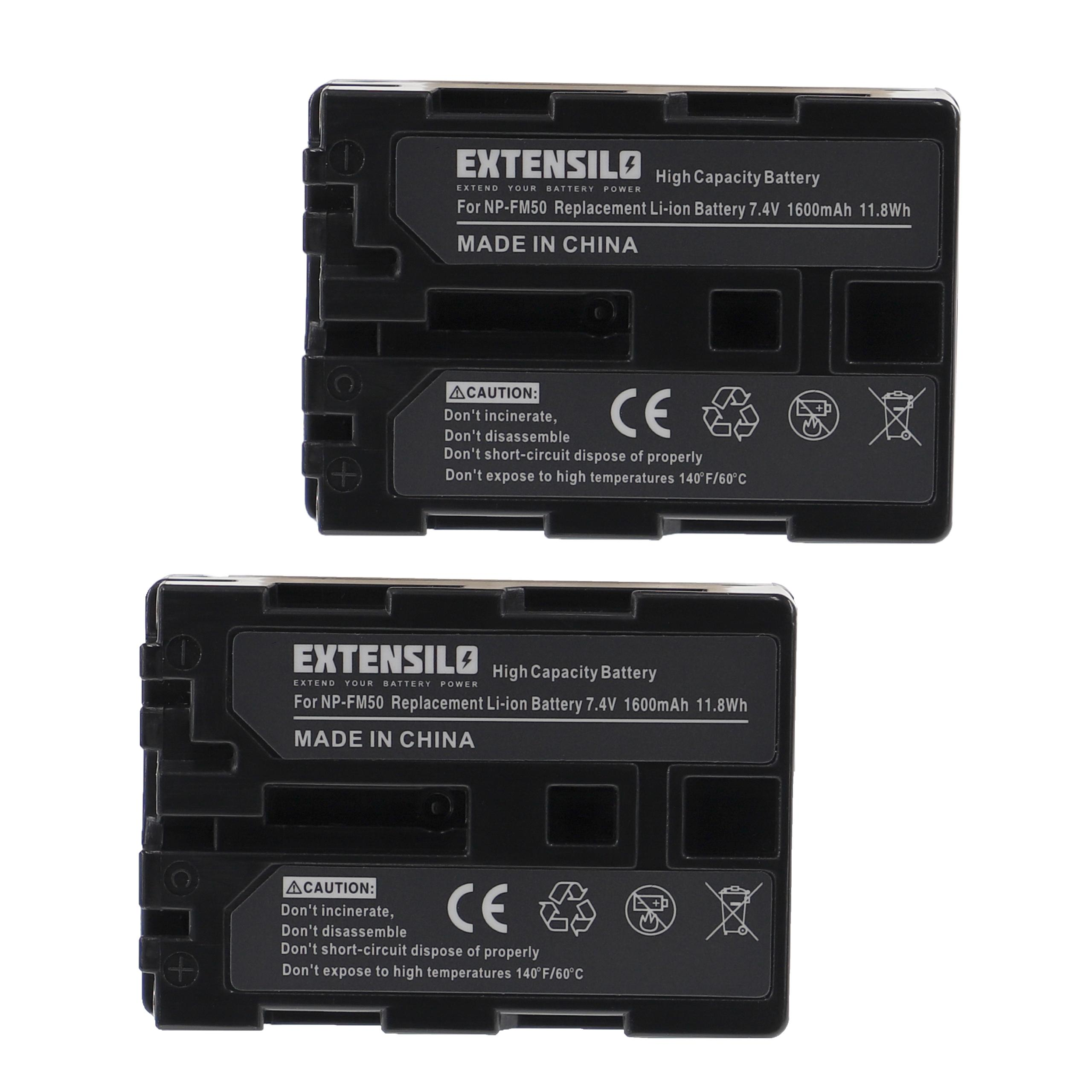 Zwei schwarze EXTENSILO-Akkus mit Text, Warnhinweisen und dem EXTENSILO-Logo.